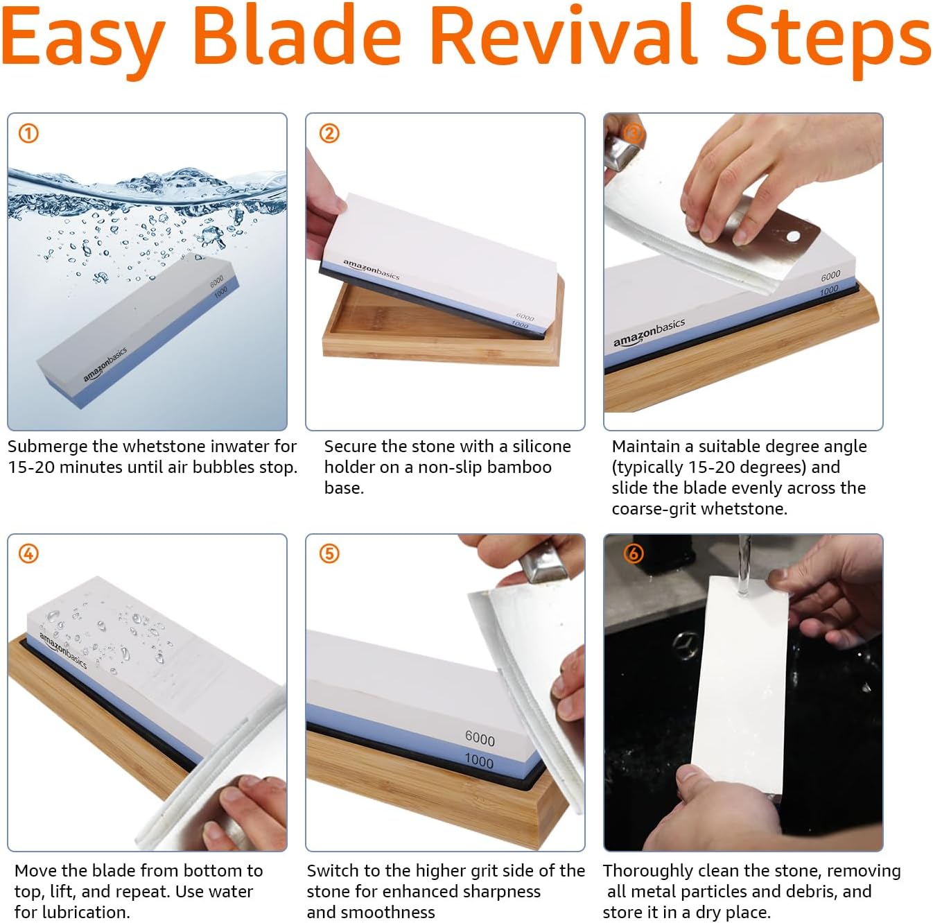 Amazon Basics Whetstone Knife Sharpening Wet Stone Dual Sided 1000/6000 Grit with Non-Slip 1 Pc, Bamboo Base, Black & Grey