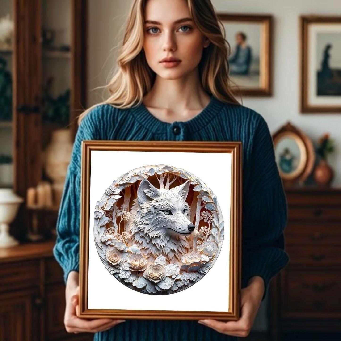 Wooden Puzzles Adults, 3D Wolf Puzzles 300 Pieces, Unique Animal Shaped Wood Challenging Jigsaw Christmas Puzzles Gifts for Adults, 13.4x13.4in