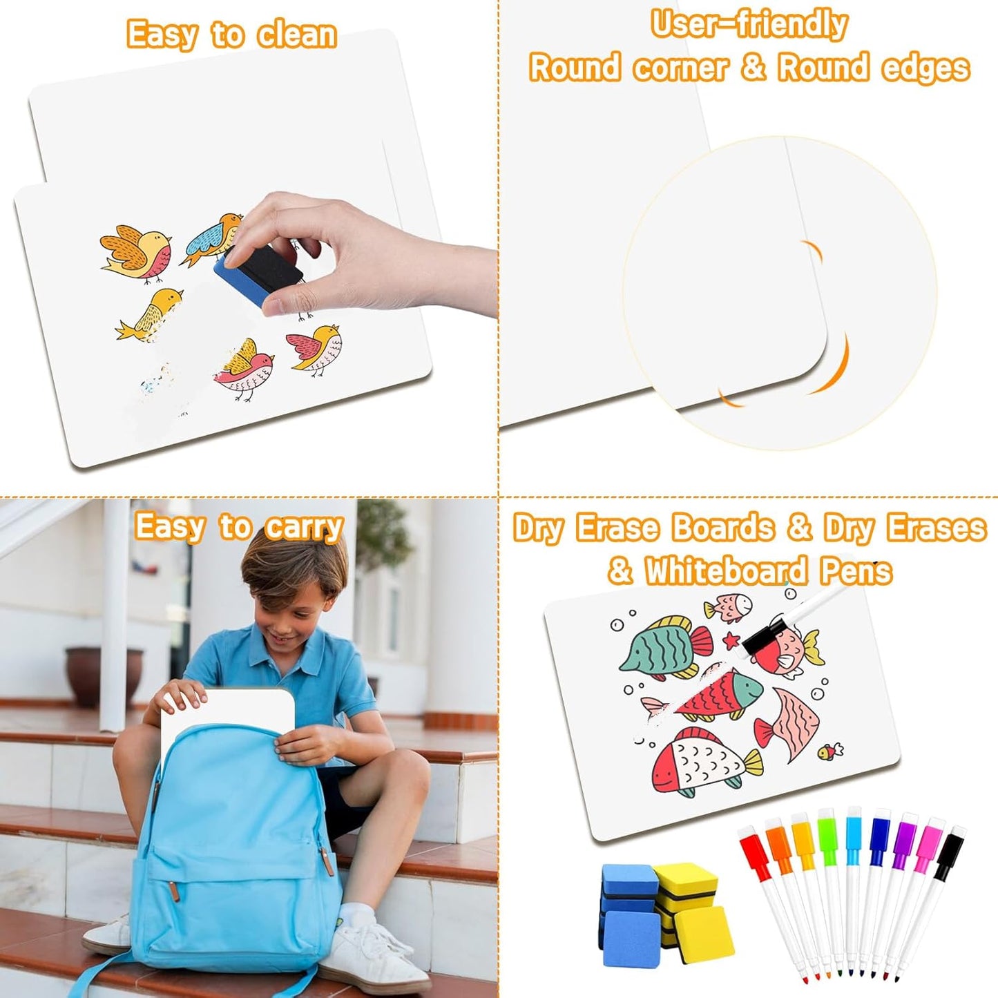 6 Pack Dry Erase Boards Classroom Pack Mini White Boards 9" x12”,Double Sided Personal Whiteboards for Students Teachers School Supplies Lapboards