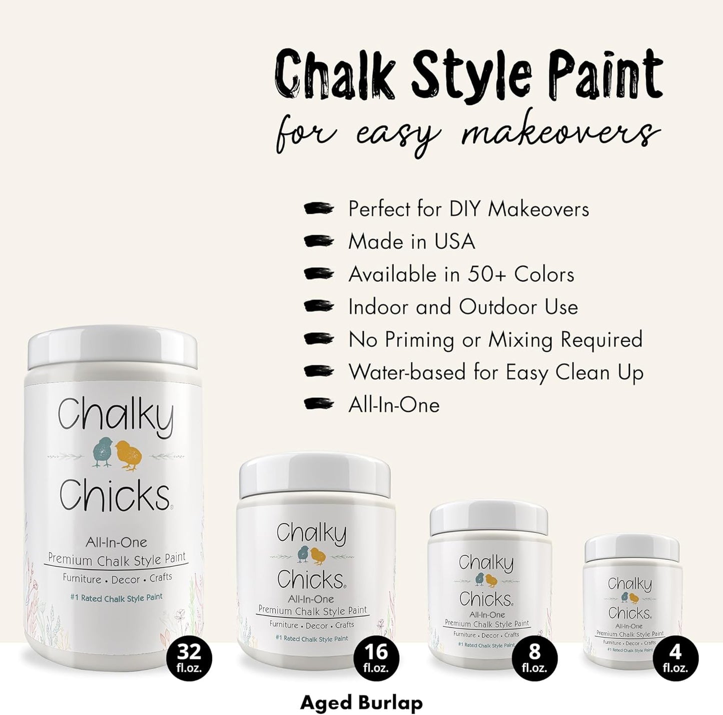 Chalky Chicks All-in-One Chalk Paint for Furniture or Cabinet - 32 Fl Oz - Matte Finish Aged Burlap White for Metal, Wood Furniture Paint - No Sanding All-in-One for Home Decor & Crafts, USA Made