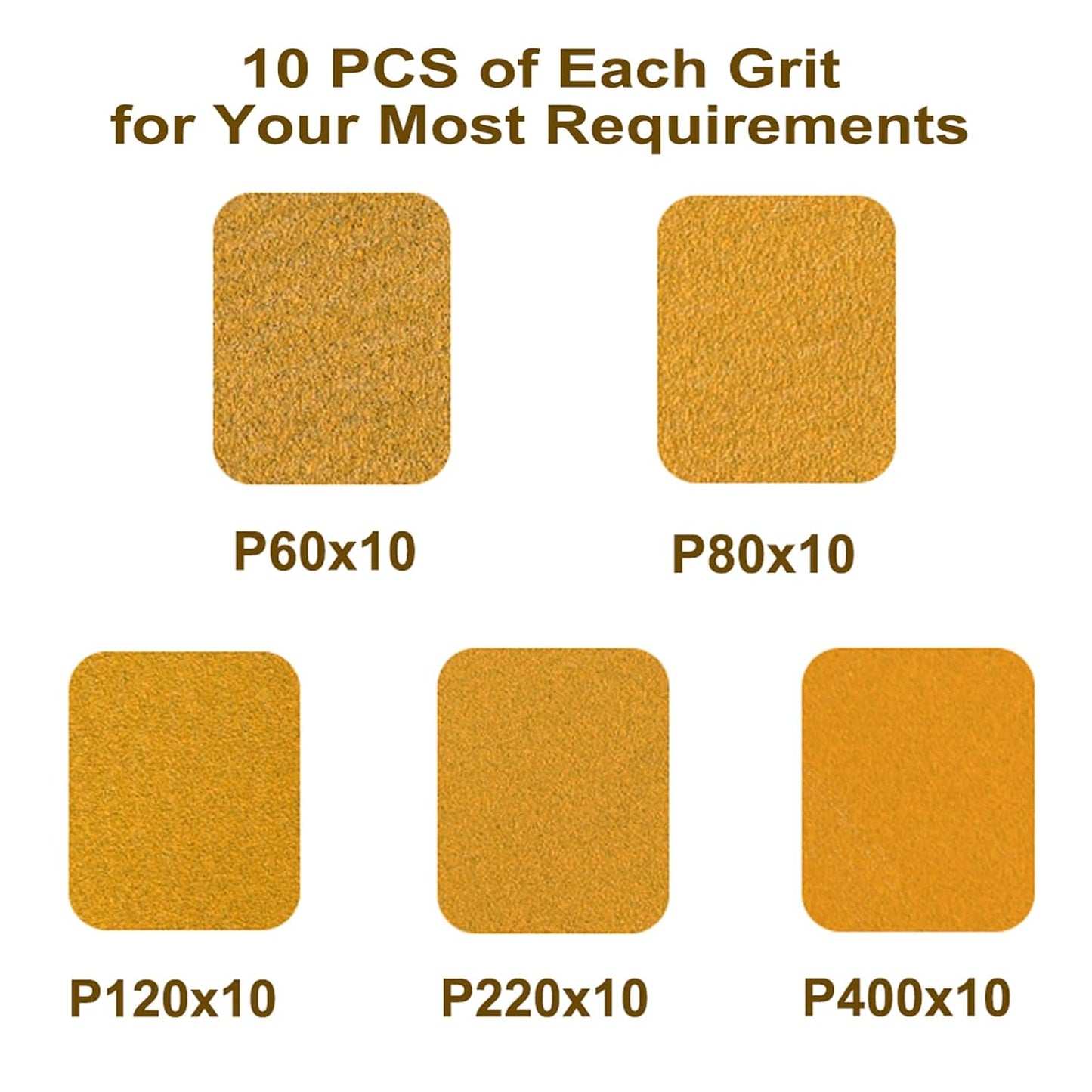 5-Inch 8-Hole Hook and Loop Sanding Discs, 60/80/120/220/400 Assorted Grits Gold Sanding Disc for Random Orbital Sander, 50-Pack