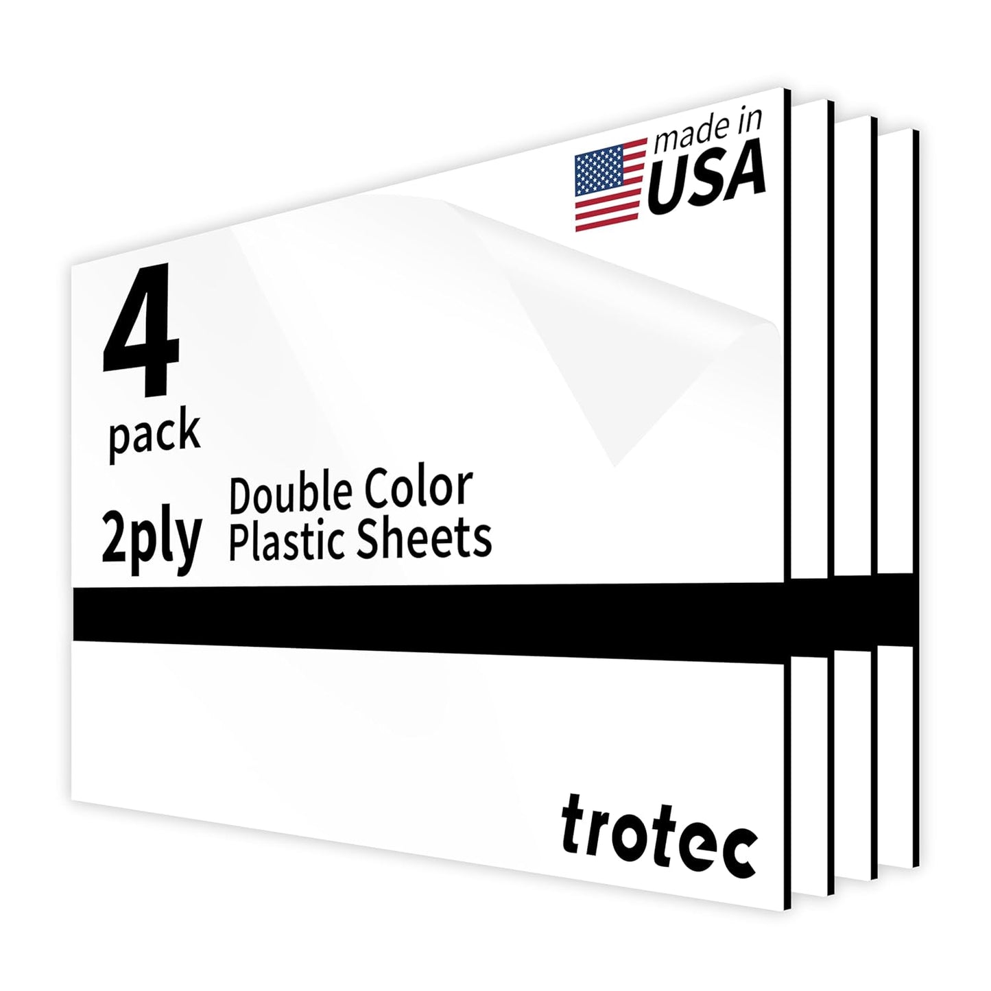 Trotec TroLase | 12"x20"x1/16", 4 Pcs | Gloss White/Black | 2 Ply | Modified Acrylic | Laser Engraving Double Color Plastic Sheet | Engraving Blanks for Laser, Saw, Guillotine | Made in USA