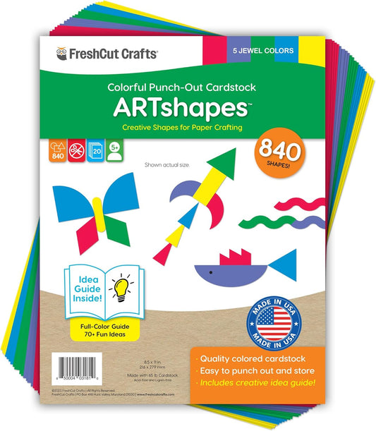 ARTshapes 840 pc Creative Paper Shapes Pack with 70+ Idea Guide - US Made Card Stock - Punch Out Funky DIY Craft Supplies for Whimsical Art Designs, Paper Crafts, and Pattern Play 5 Jewel Colors
