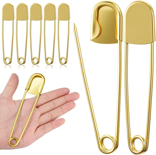 Juexica 5 Pcs 5 Inch Jumbo Stainless Steel Safety Pins Large Heavy Duty Huge Strong Laundry Pins for Upholstery Sewing Quilting Key Rings Craft Outdoor (Gold)