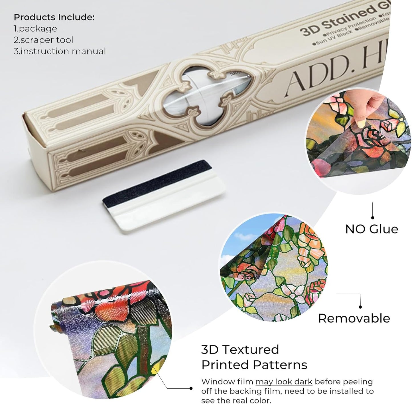 3D Stained Glass Window Film, Decorative Window Privacy Film for Bathroom, Front Door, Home, Sun Blocking Heat Control, Static Cling, Beast Rose 23.6inch x 35.4inch