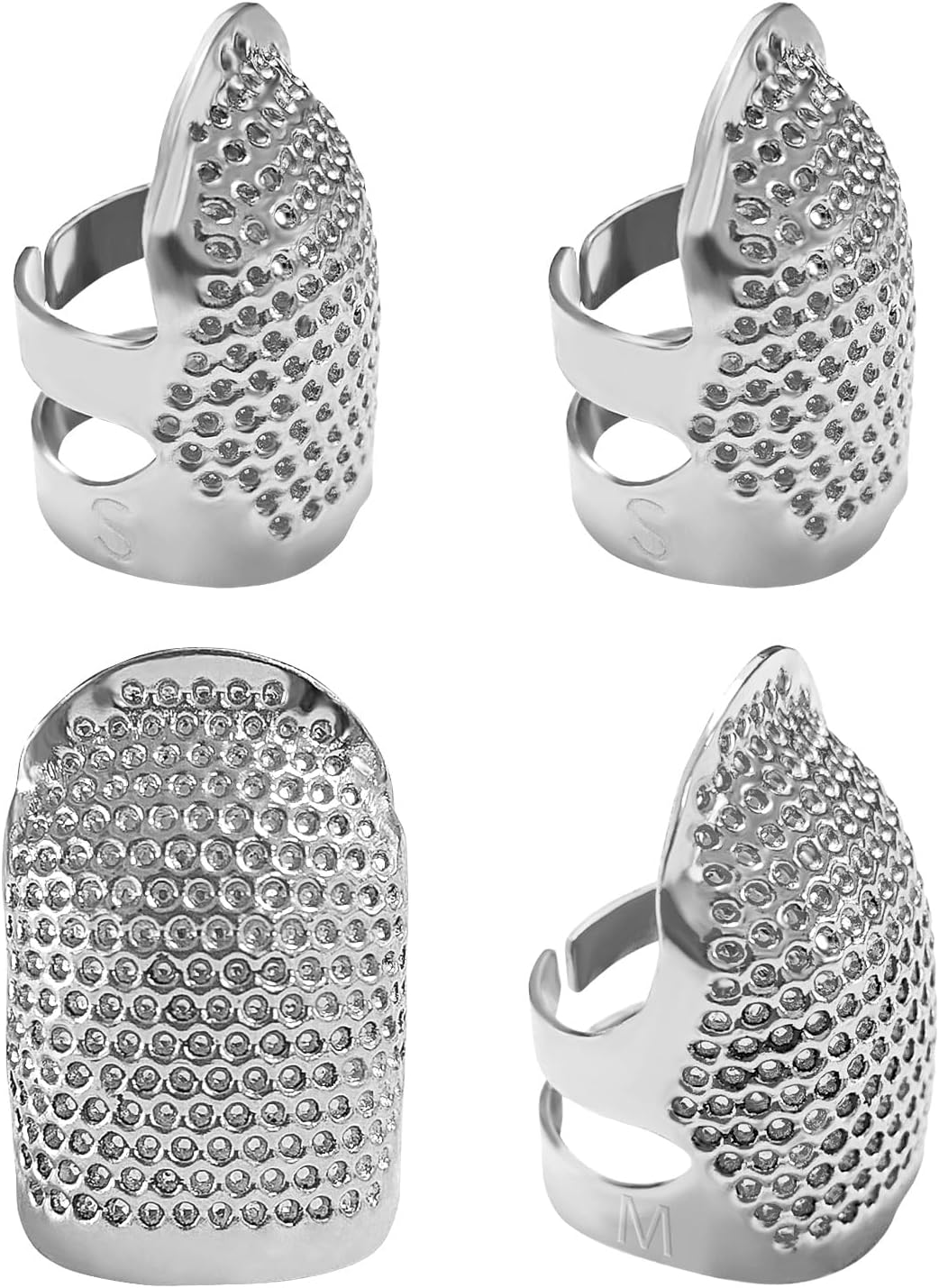 FR 4 Pack (2 Sizes, S/M) Thimble Finger Protector, Adjustable Metal Shield for Pins and Needles, Sewing Quilting Craft Accessories, DIY Tools, Needlework Silver