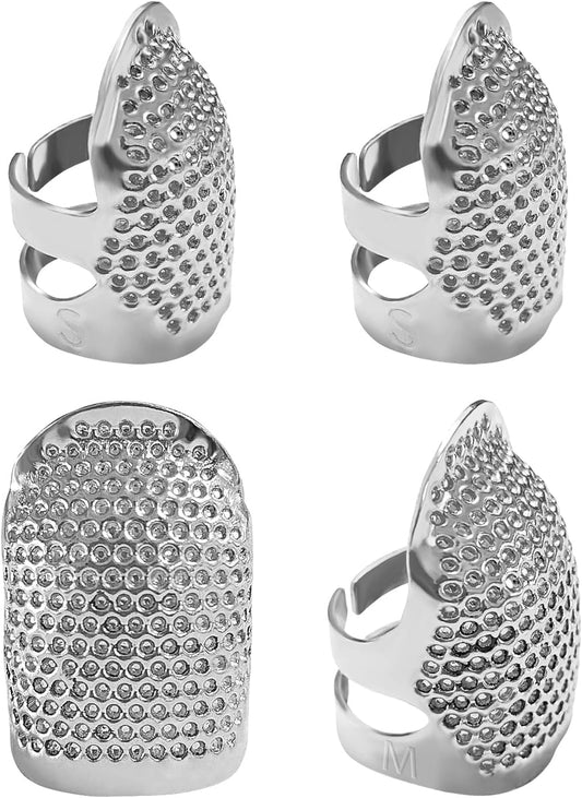 FR 4 Pack (2 Sizes, S/M) Thimble Finger Protector, Adjustable Metal Shield for Pins and Needles, Sewing Quilting Craft Accessories, DIY Tools, Needlework Silver
