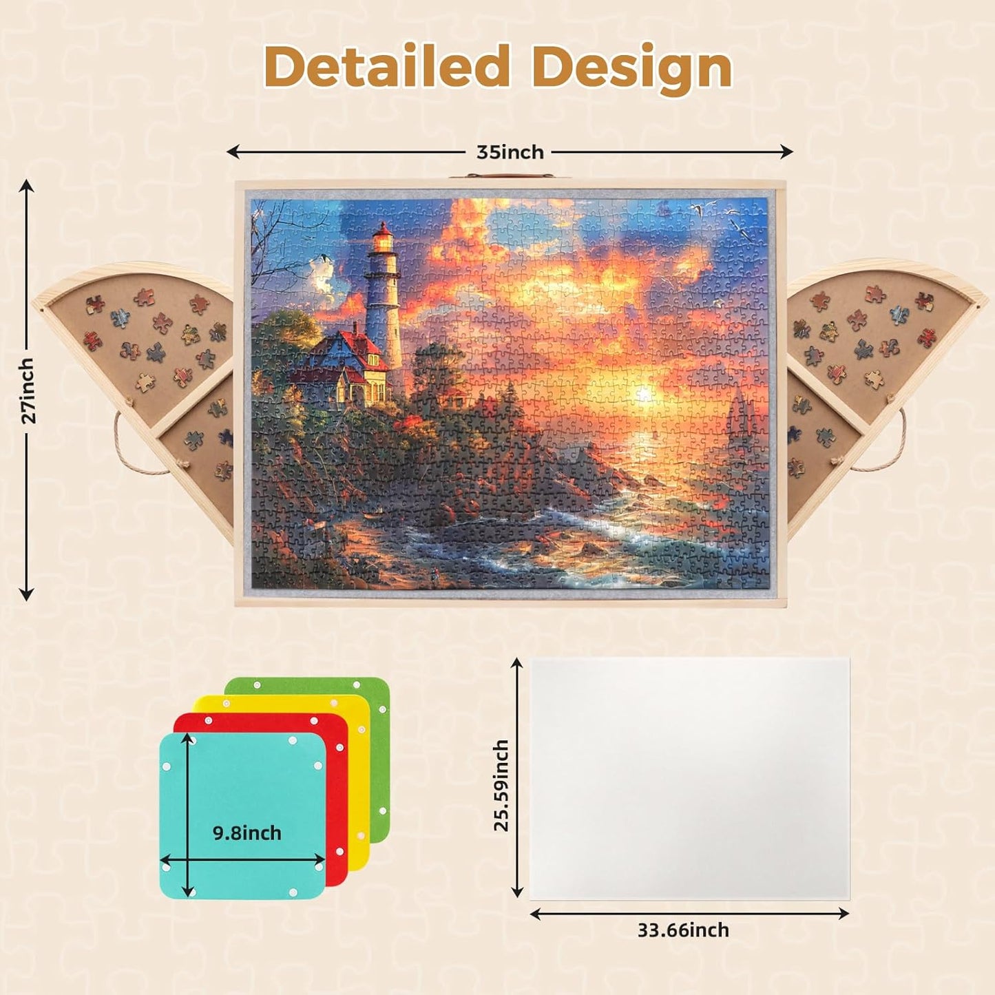 2 in 1 Rotating Tilting Puzzle Board with Drawers, 1500 Piece Jigsaw Puzzle Board with Protective Cover 4 Wheels 4 Sorting Trays, Puzzle Table for Puzzle Lovers, 35 X 27 Inch