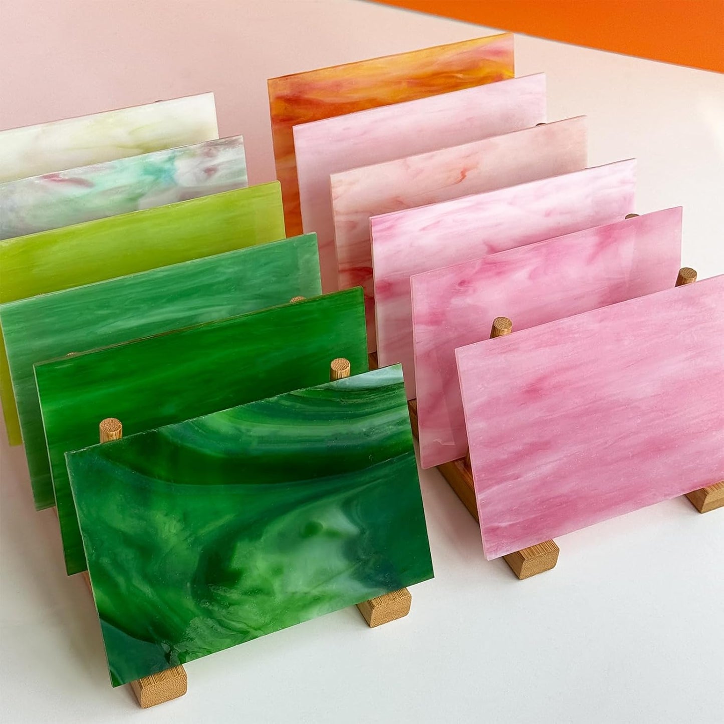 ILLUCKAI 12 Sheets Stained Glass Sheet Pink and Green Collection, 6 x 4 inch Stained Glass Mosaic Tiles for Stained Glass Projects Mosaic Crafts