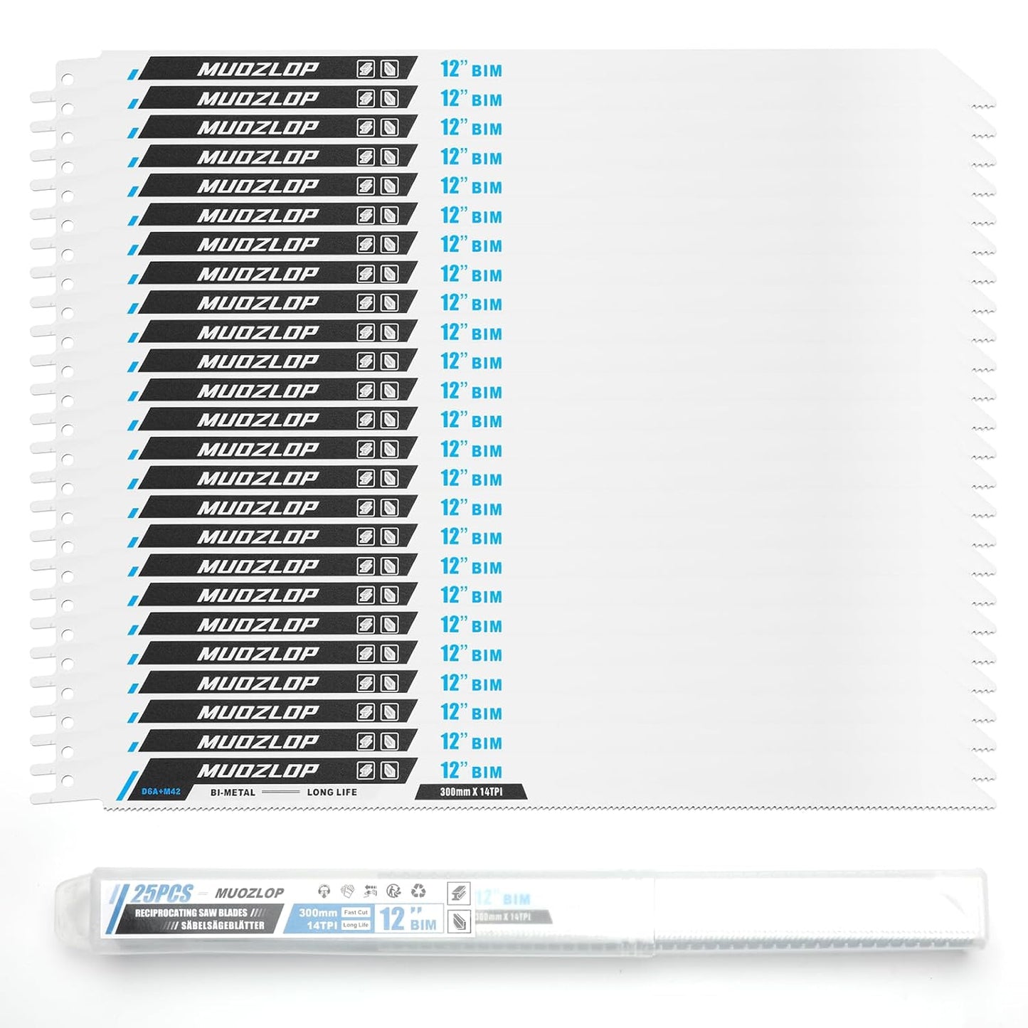 25 Pack 12 inch Reciprocating Saw Blades Set,14 TPI High Carbon Saw Blades, Metal Saw Blades with Organizer Case (25, 14TPI/300mm)