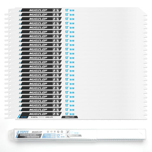 25 Pack 12 inch Reciprocating Saw Blades Set,14 TPI High Carbon Saw Blades, Metal Saw Blades with Organizer Case (25, 14TPI/300mm)