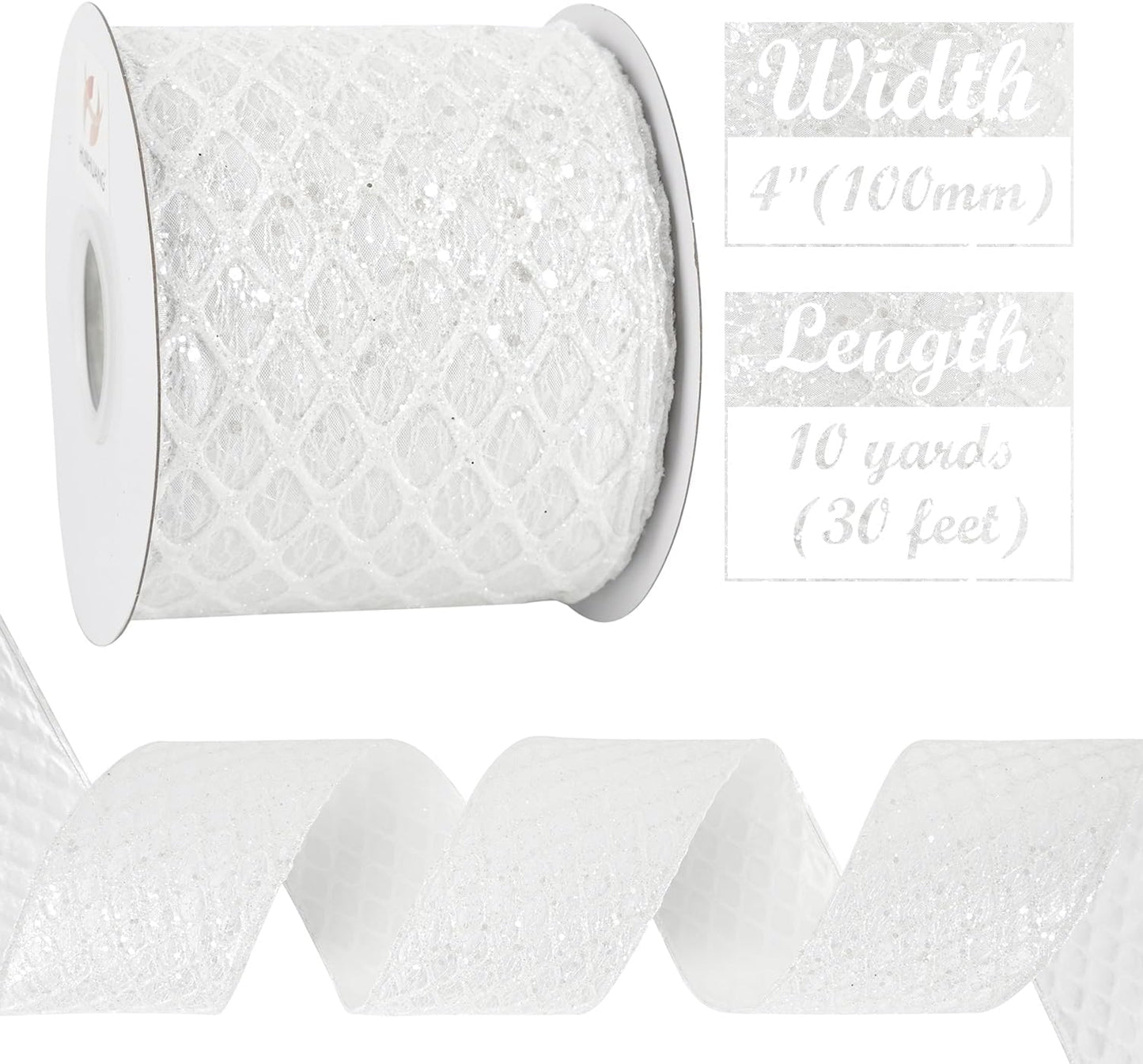 HUIHUANG White Glitter Wired Ribbon, 4 Inch x 30 Ft, Geometric Pattern, Polyester Material, Christmas Occasion