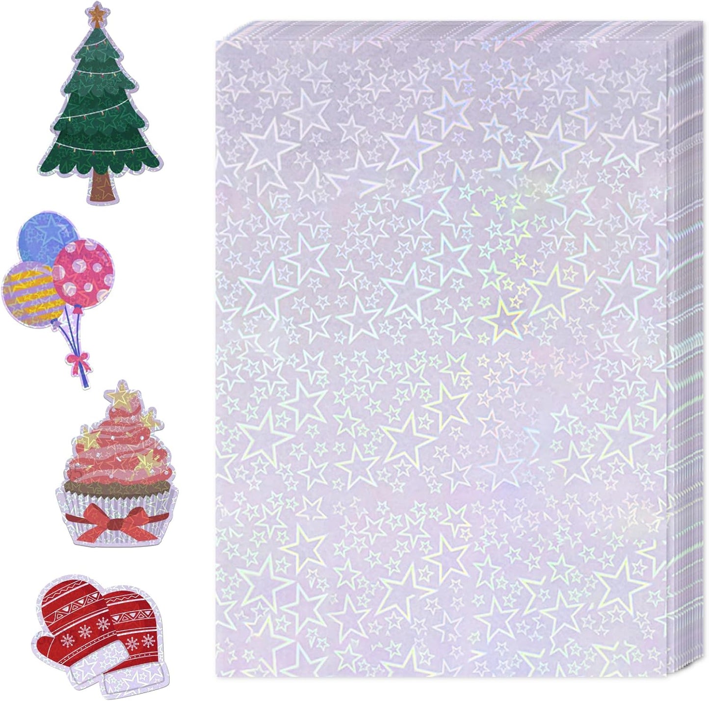 36 Sheets Holographic Sticker Paper,Holographic Laminate Sheets,A4 Size Clear Vinyl Sticker Sheets Self-Adhesive Rainbow Overlay Sheets,11.7 x 8.3 Inches（Five-Pointed Star）