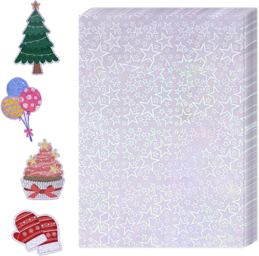 36 Sheets Holographic Sticker Paper,Holographic Laminate Sheets,A4 Size Clear Vinyl Sticker Sheets Self-Adhesive Rainbow Overlay Sheets,11.7 x 8.3 Inches（Five-Pointed Star）