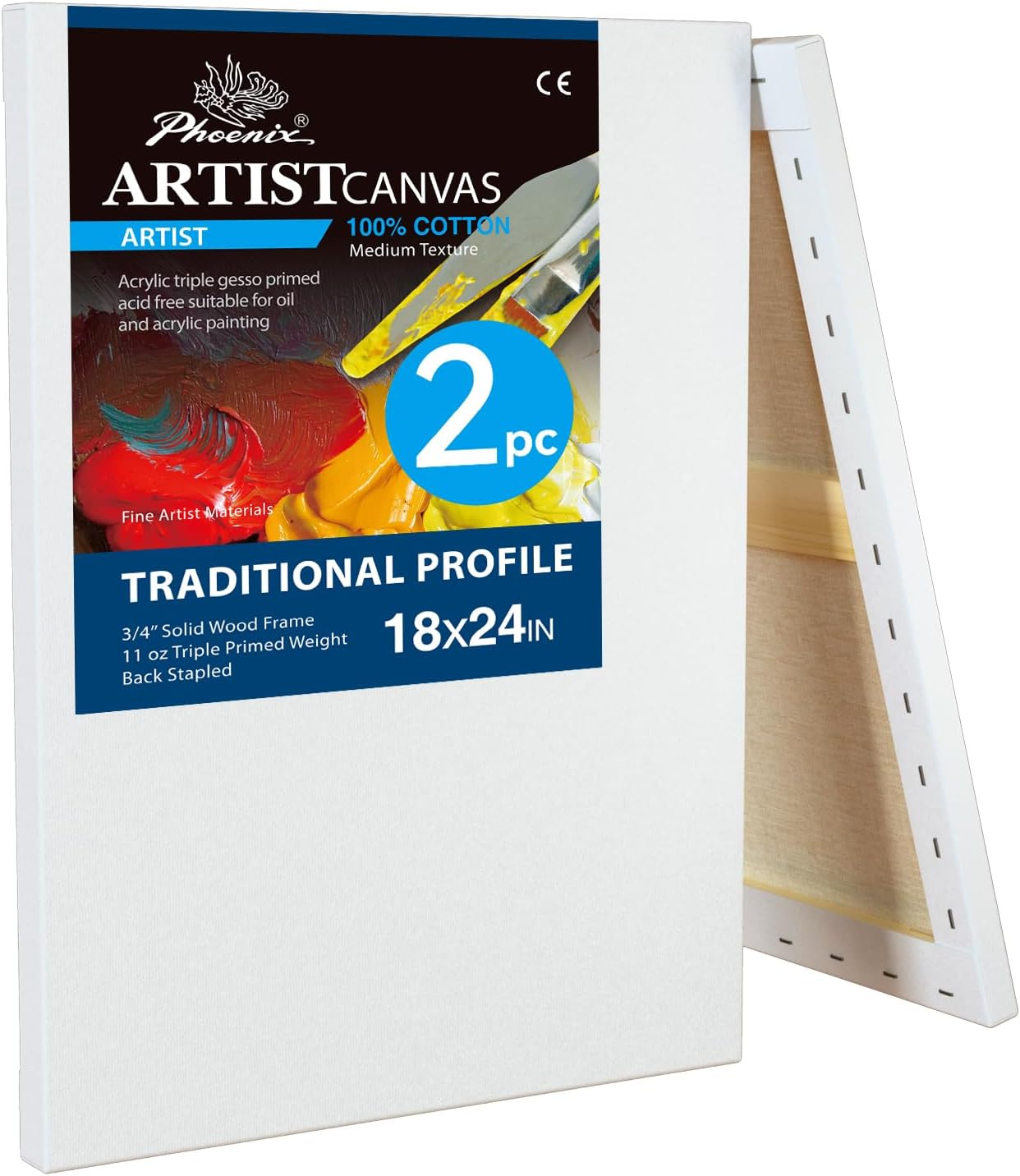 PHOENIX 18x24 Inch 2 Pack Artist Canvas - Large Stretched Canvases for Painting - 3/4 Inch Profile, 100% Cotton 11 Oz. Gesso Primed White Blank Professional Canvas Oil & Acrylic Paints