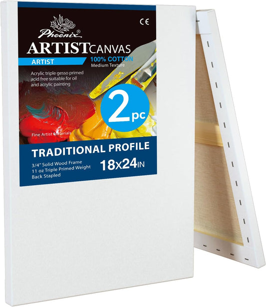 PHOENIX 18x24 Inch 2 Pack Artist Canvas - Large Stretched Canvases for Painting - 3/4 Inch Profile, 100% Cotton 11 Oz. Gesso Primed White Blank Professional Canvas Oil & Acrylic Paints