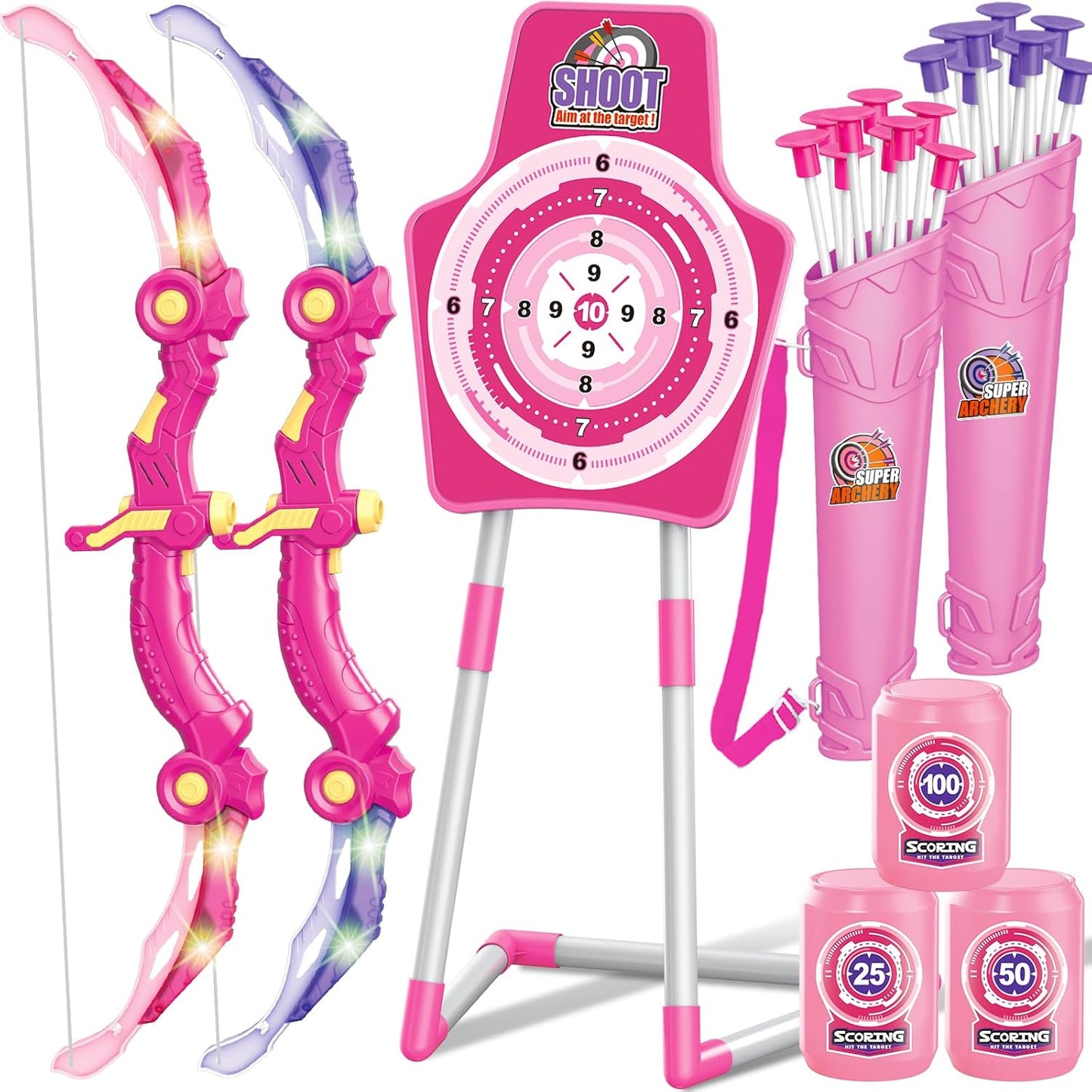GMAOPHY 2 Pack Bow and Arrow Toy for 5 6 7 8 9 10 11 12 Year Old Boys, Birthday for Kids, Indoor Outdoor Sport Games Toys for Ages 4-8 8-12, LED Light Up Archery Set with 20 Toy Arrows (Pink)