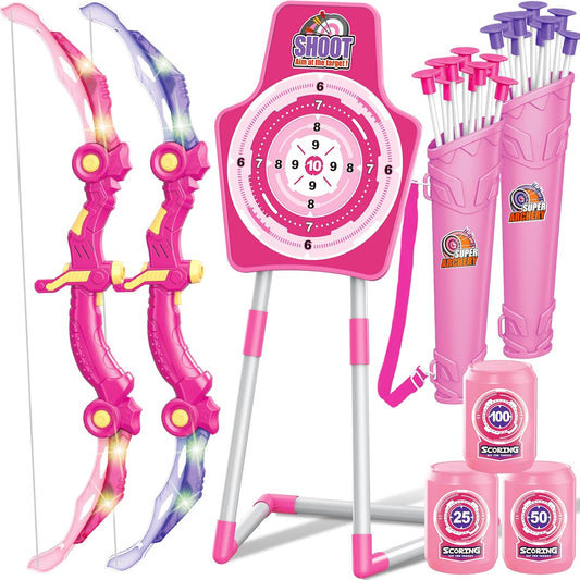 GMAOPHY 2 Pack Bow and Arrow Toy for 5 6 7 8 9 10 11 12 Year Old Boys, Birthday for Kids, Indoor Outdoor Sport Games Toys for Ages 4-8 8-12, LED Light Up Archery Set with 20 Toy Arrows (Pink)