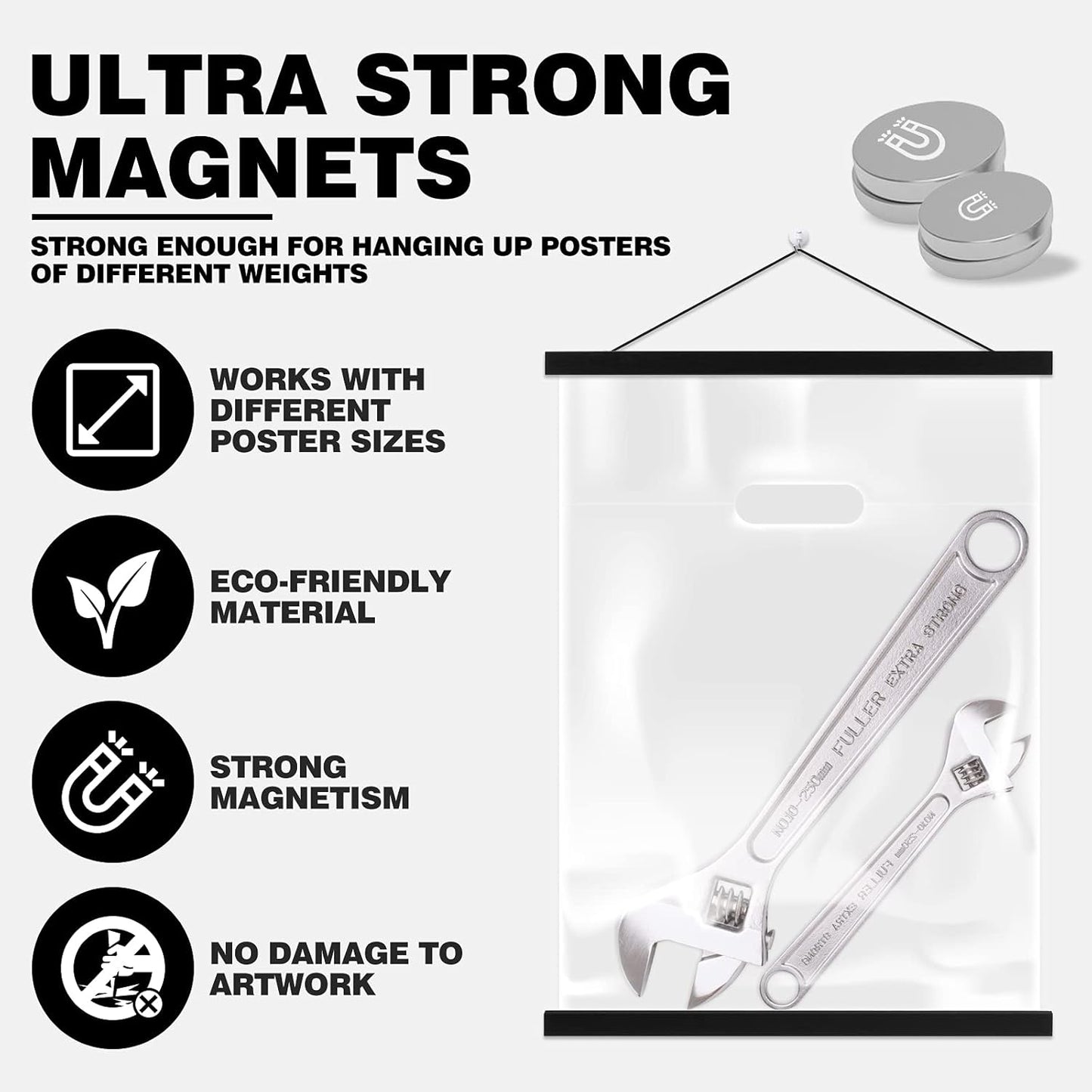 Ywlake Magnetic Poster Hanger, 8x10 8x20 8x11 Poster Frame Wood Wooden Magnet Print Posters Dowel Scroll Hanger Hangers Hanging Kit for Walls Map Canvas Artwork (Black, 8")