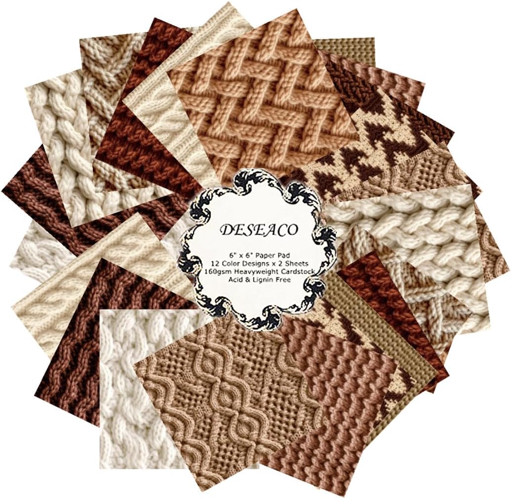 24 Sheets Knitting Wool Decorative Scrapbooking Paper Pad 6x6 Craft Paper Single-Side Card Making Supplies for Junk Journal, Holiday Journaling, Brown, Earth Tone and White