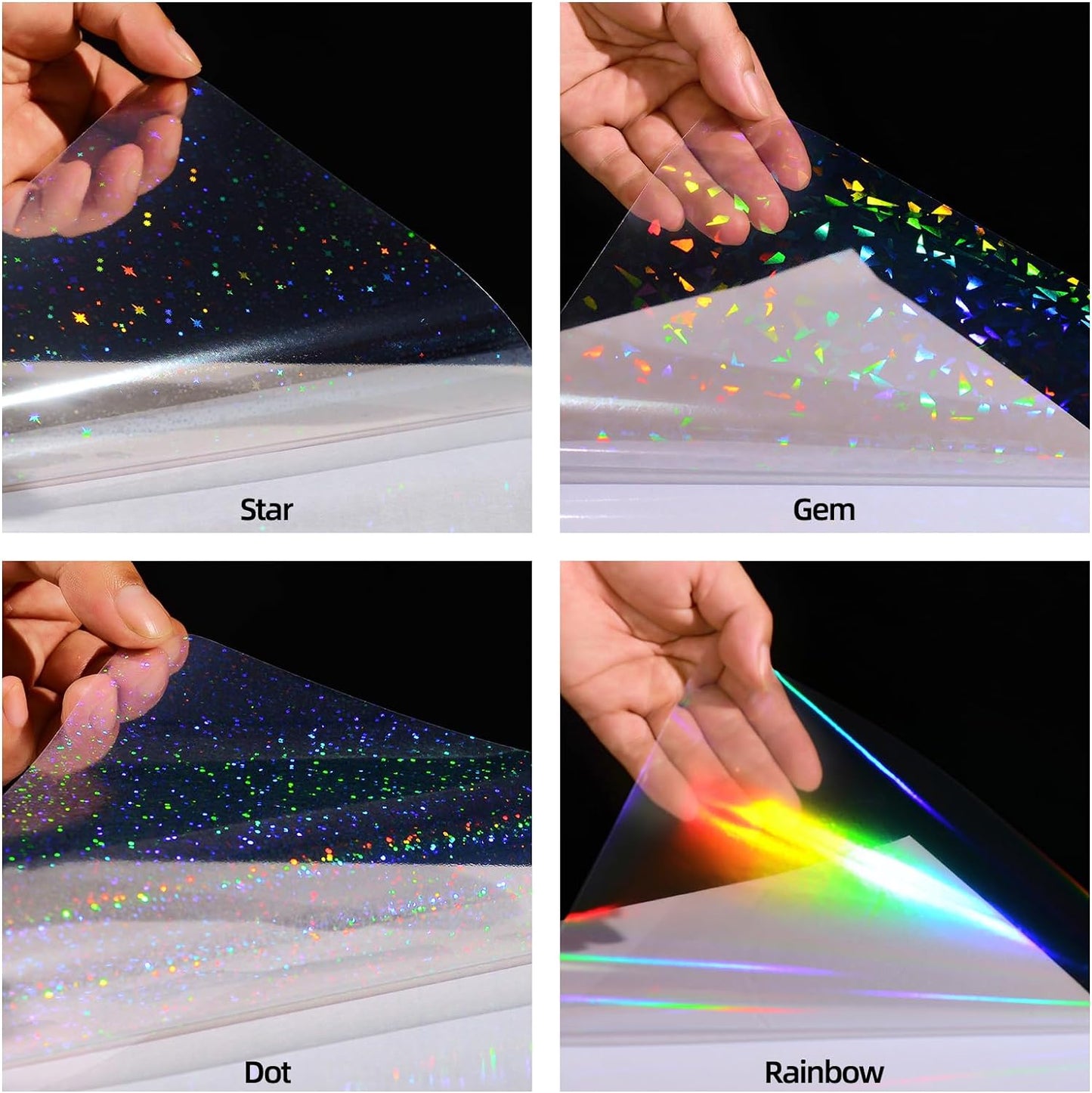 36 Sheets Holographic Sticker Paper, Transparent Holographic Vinyl Laminate Film, Clear Overlay Lamination Sticker Paper Self Adhesive Waterproof - Gem, Dot, Colorful, Star Patterns/8.5x11 inch