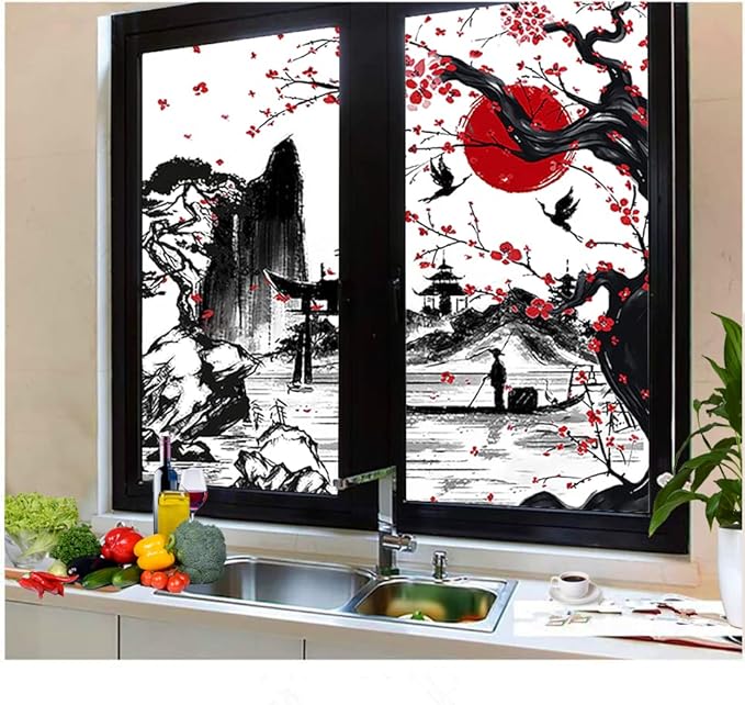 Vintage Japanese Style Decorative Window Film Abstract Ink Japanese Landscape Torii Gatekids Blackout Window Film,Cafe Lighted Window Film 35.4Wx78.7L-Inch X2Pcs