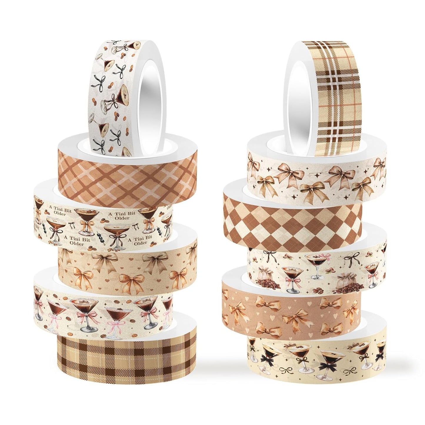 12 Rolls Martini Washi Tape, Vintage Brown Checkered Bow Masking Tape, Martini Coffee Decorative Sticker for Party Afternoon Tea Holiday Scrapbook Journal DIY Craft Gift Wraps 16.4FT