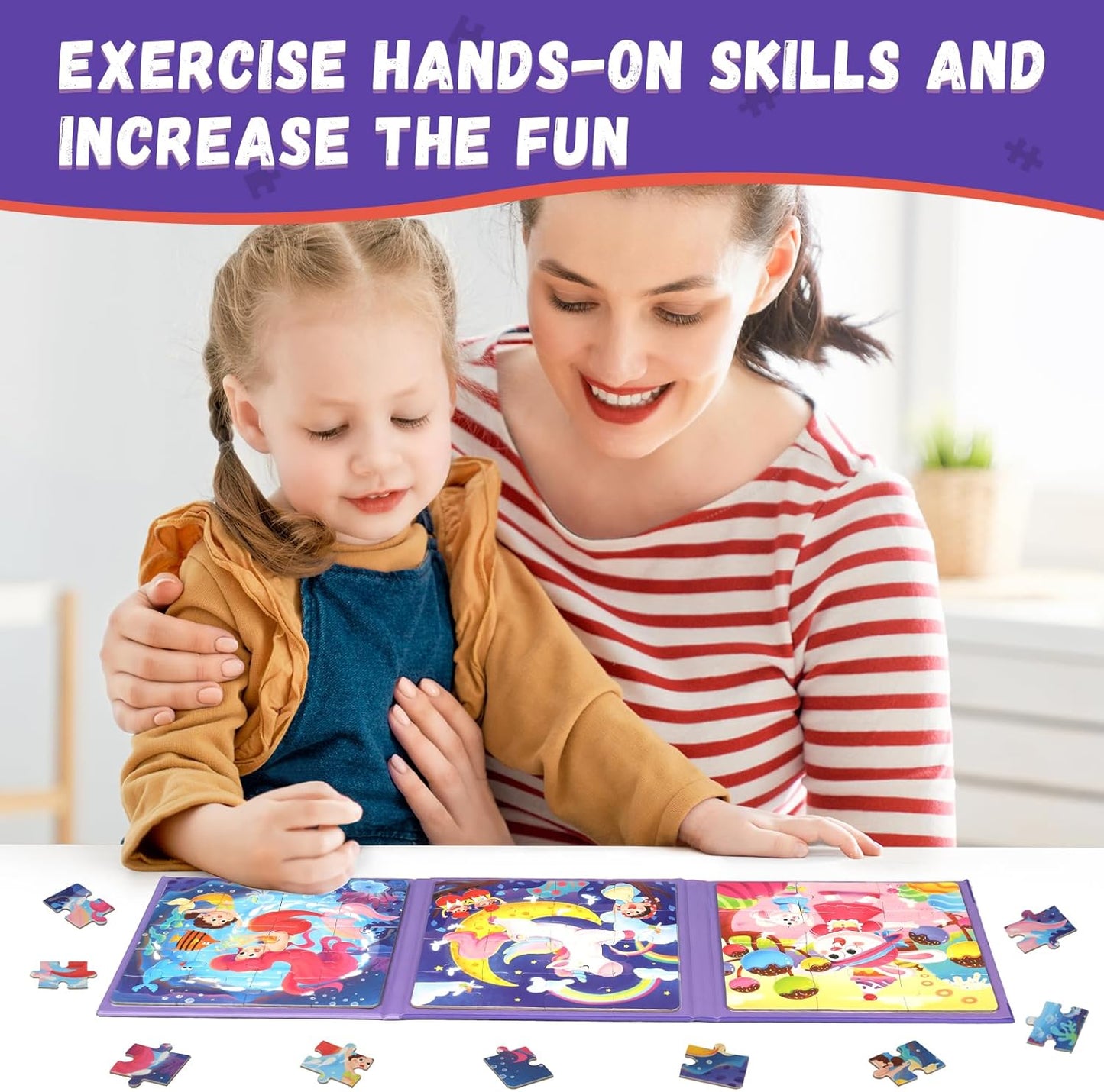 Magnetic Puzzles for Toddlers 1-3, Cartoon Mermaid Magnet 3 in 1 Jigsaw Puzzle, Kids Travel Puzzles Toys, Preschool Learning Toy for Kids 1-8 Year (Mermaid)