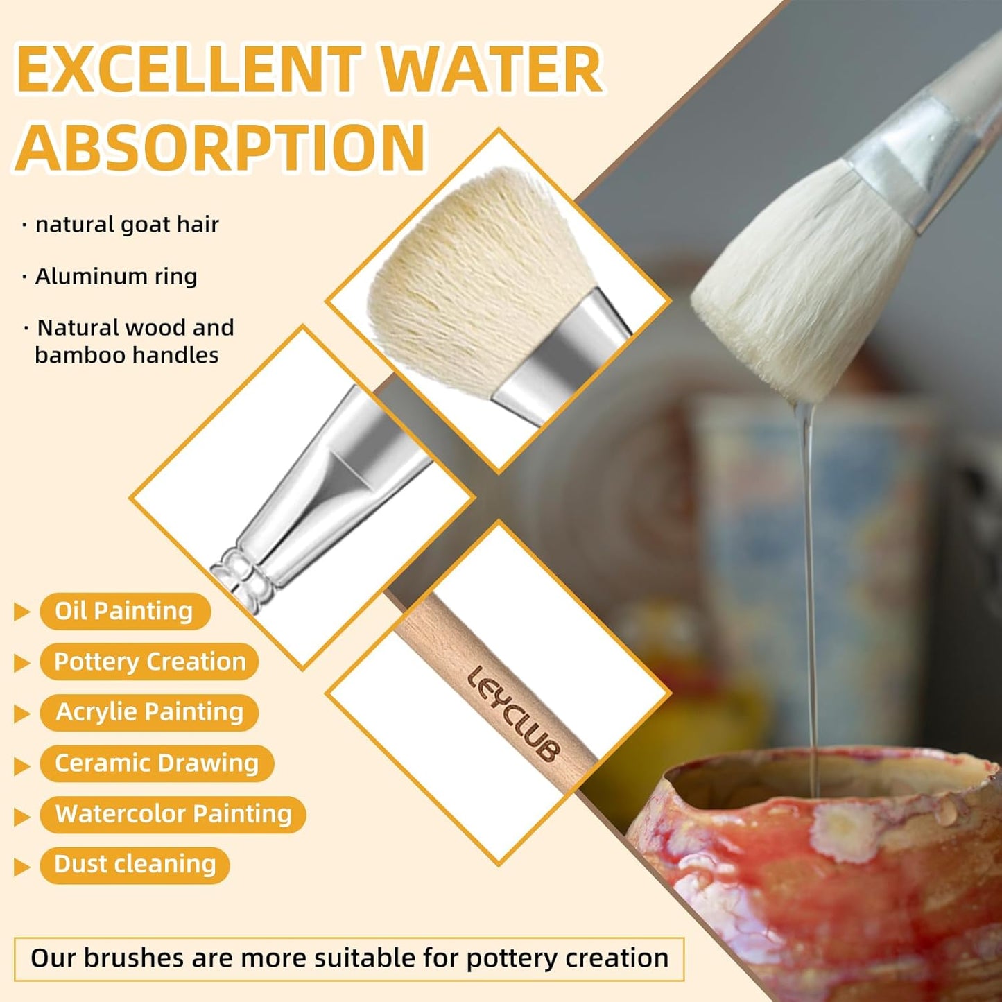 Pottery Glaze Brushes,16 PCS Painting Ceramic Brush Set, Different Shape Wool Soft Bristle for Ceramic Pottery Glazing Creation