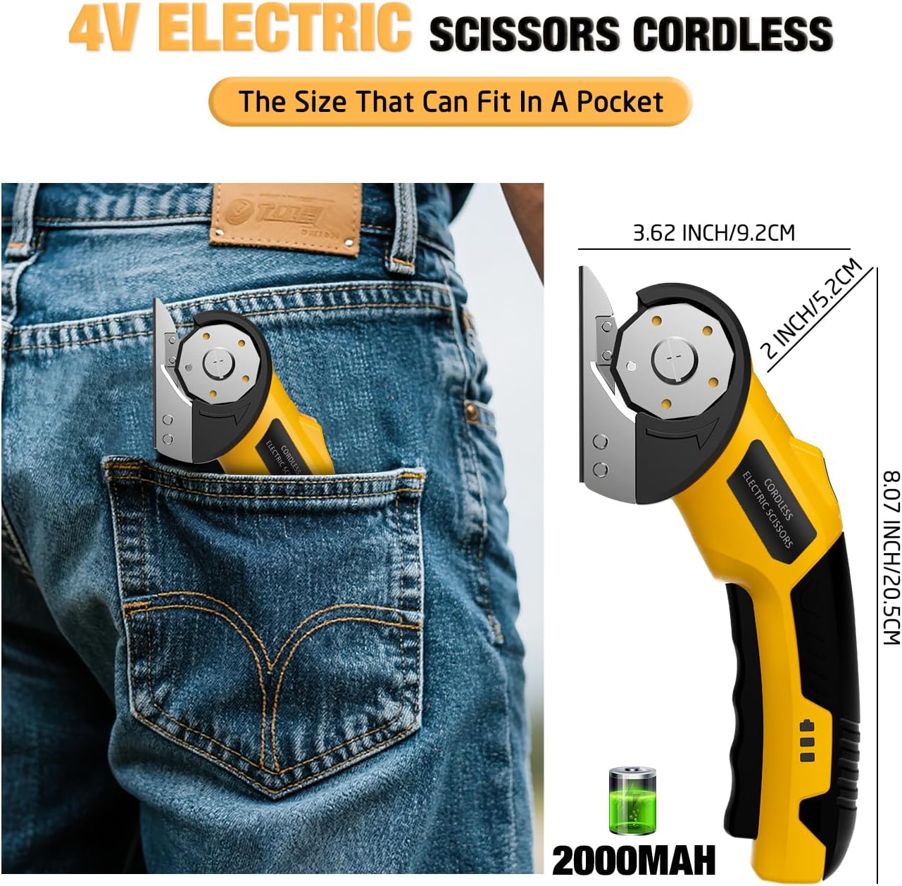 Cordless Electric Scissors: 4V Rechargeable Cardboard Cutter, 3 Blades, Safety Lock & LED Light, Box Cutter for Carton Carpet Plastic Fabric Leather(Yellow）