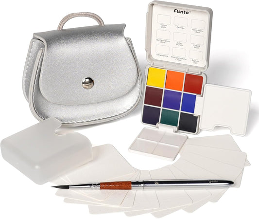 Funto Pocket Watercolor Set, Travel Color Kit, with 9 Colors, Leather Bag, Paint Water Cup, Foldable Palettes, and Mini Watercolor Papers, Set for Art