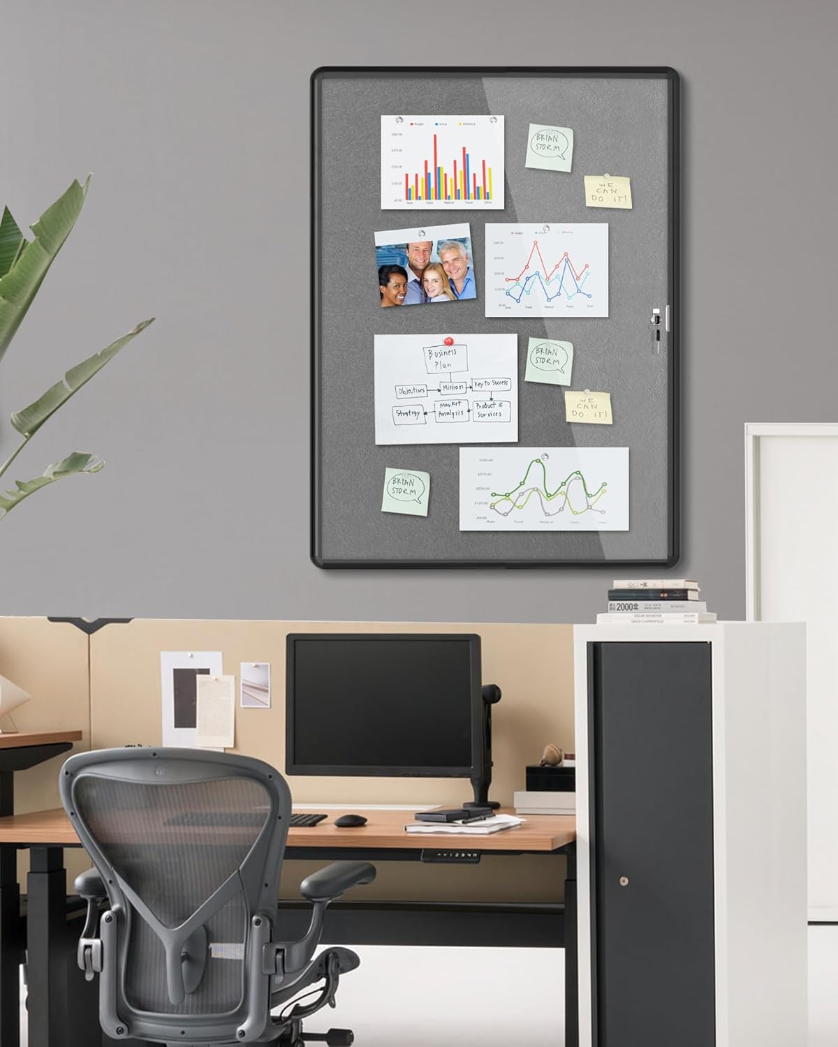 38"x28" Enclosed Bulletin Board, Lockable Weather-Resistant Aluminum Cork Noticeboard for Hospital School & Office, Black Frame w/Grey Flet