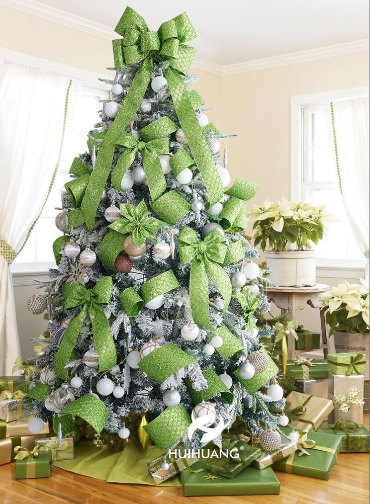 HUIHUANG Lime Green Wired Ribbon for Christmas Tree 2.5 inch Lime Green Glitter Diamond Mesh Ribbon for Tree Decoration, Wreaths, Garland, Gift Wrapping, Bows Making, Halloween Decor -10 Yards