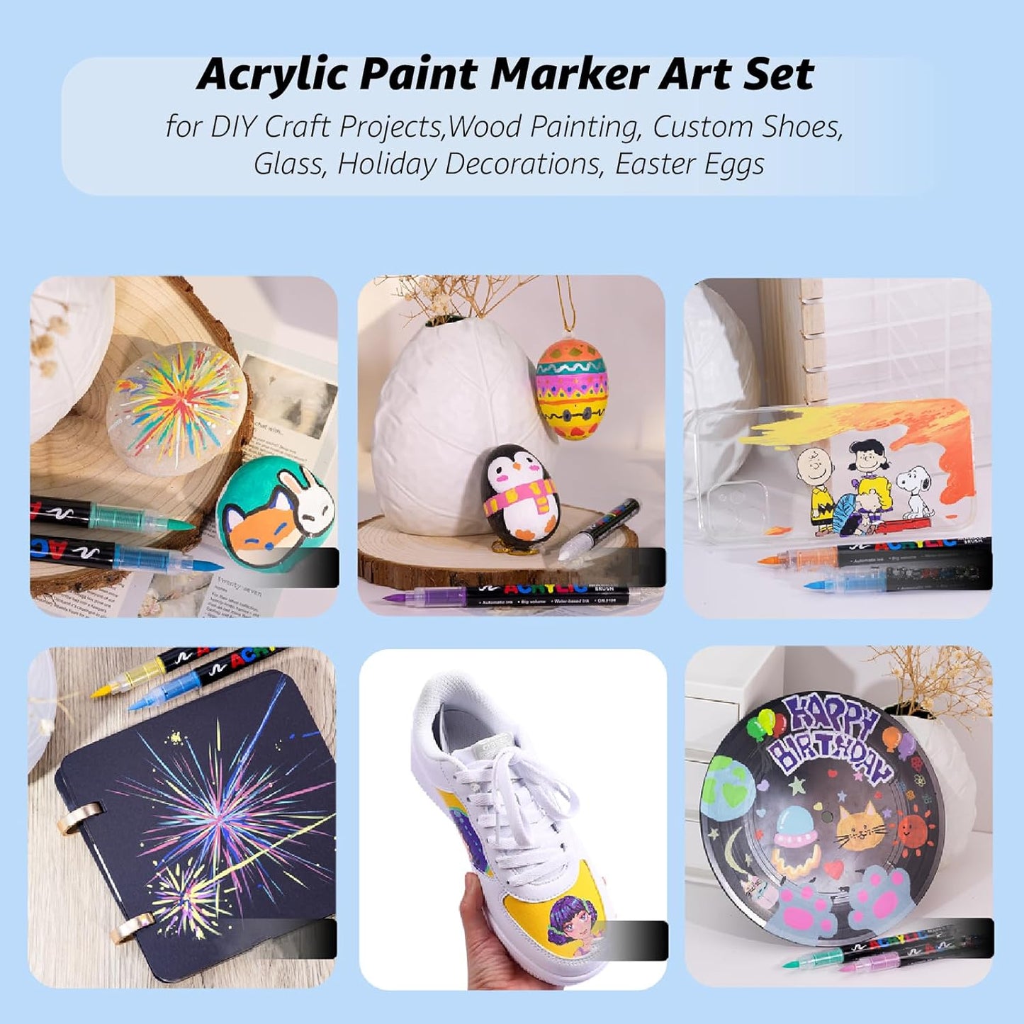 36 Colors No bleeding Non-Toxic Multi-Surface Flexible Tip Acrylic Paint Brush Markers Set, Water-Based Painting Art Pens for Canvas, Glass, Wood, Paper, Ceramic