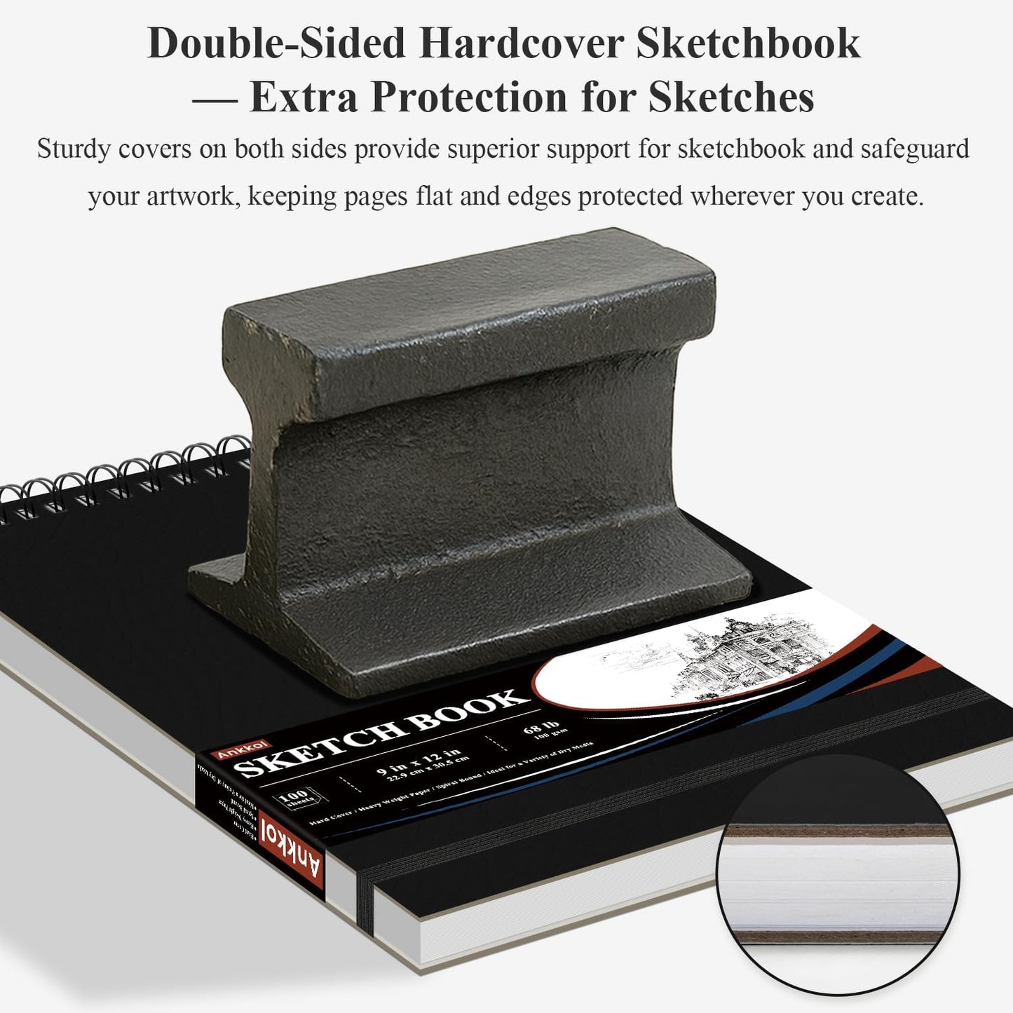 9" x 12" Sketch Book, Top Spiral Sketchbook Hardcover, 68lb (100gsm) Drawing Paper Pad & Sketch Paper, 1-Pack Sketch Pads for Drawing for Adults, Professional Art Supplies for Teens & Artist Gifts.