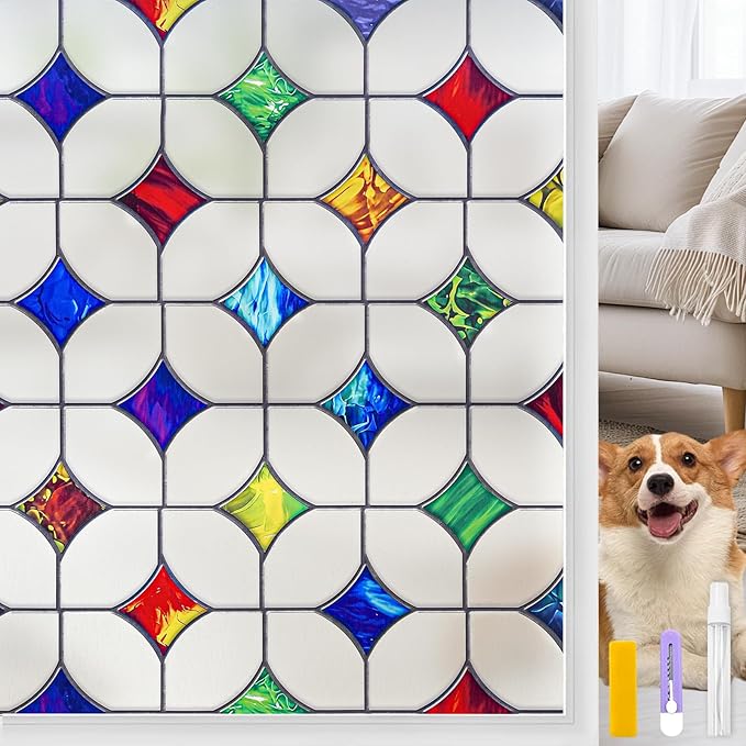 Stained Glass Window Film - Non-Adhesive Colorful Privacy Film | Privacy Protection, Reusable & Renter Friendly | Perfect for Bedroom/Bathroom Room Decor (Frosted Mosaic, 23.6 x 78.7 in)
