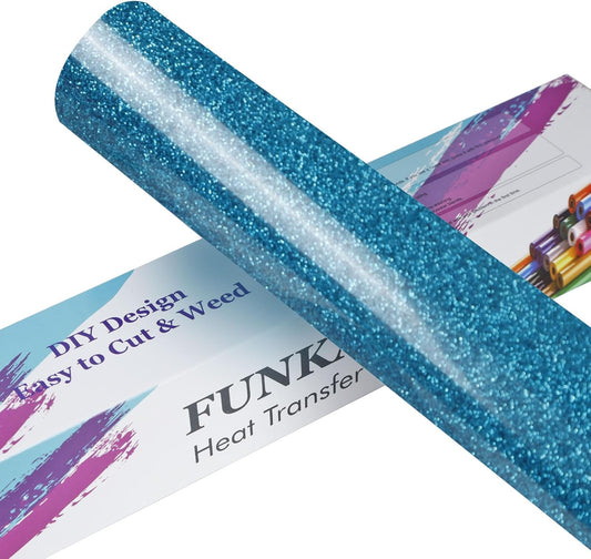 FUNKAKA Glitter Blue HTV Heat Transfer Vinyl Rolls, 12" x 25ft PU Iron on Vinyl for T-Shirt Blue Glitter HTV Vinyl for All Cutter Machines Easy to Cut & Weed for Heat Vinyl Design