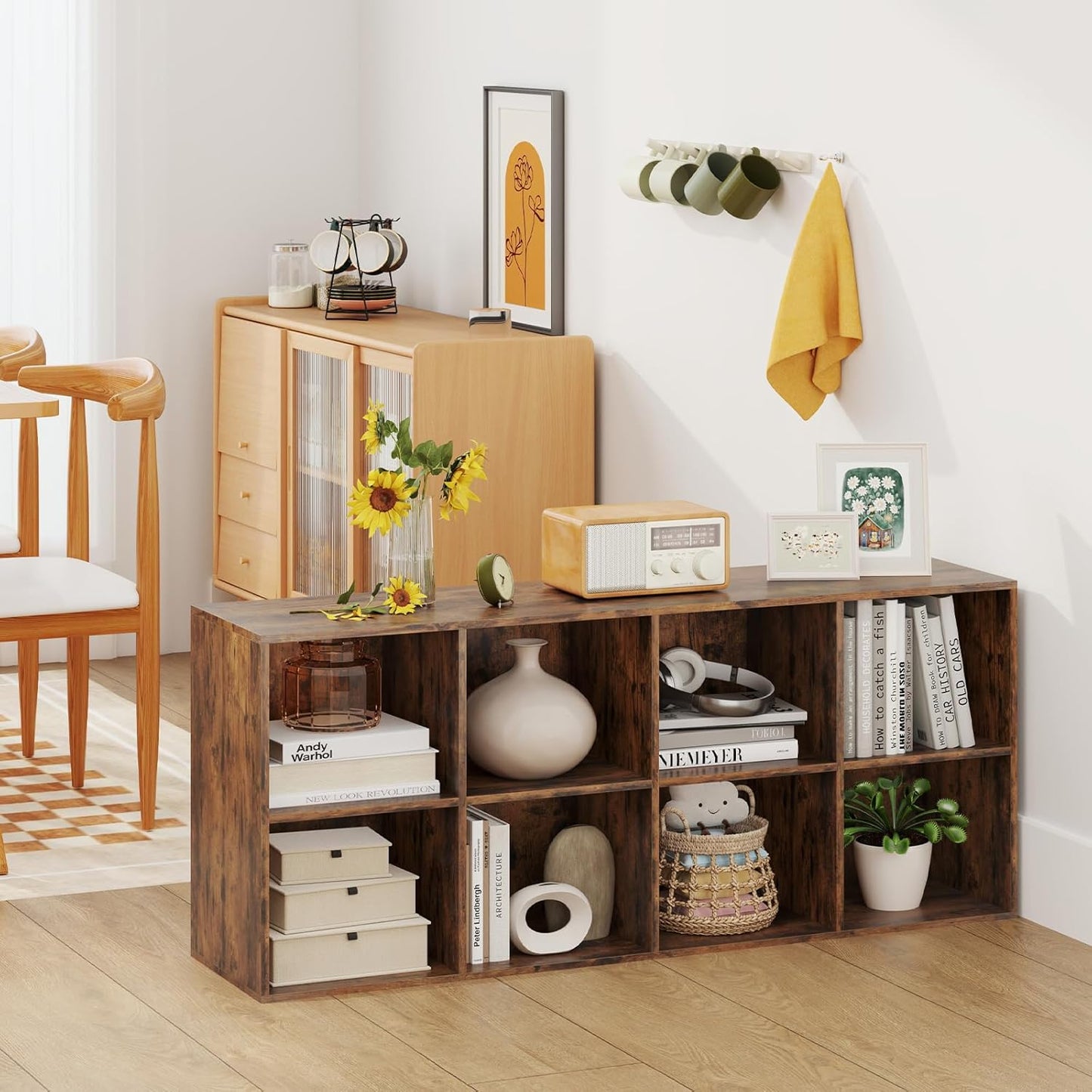 Giantex 8-Cube Bookcase, Floor Standing Bookshelf with Storage & 2 Anti-Tipping Kits, Open Storage Organizer, Cubby Wooden Book Shelf for Living Room, Study & Bedroom, Rustic Brown