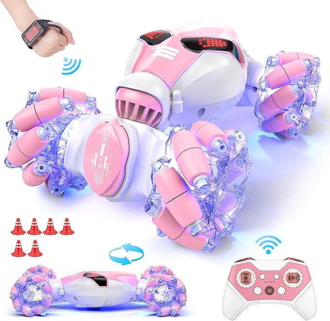 Gesture Sensing Rc Stunt Car with Light & Music, 2.4GH 4WD Hand Controlled Double Sided 360° Flips Off Road Transform Vehicle Truck with LED Eyes, Toy Gift for Kid Age 8+ Girls (Pink)
