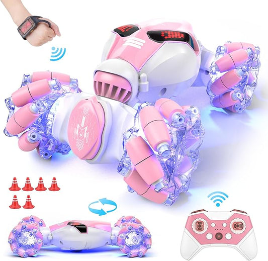 Gesture Sensing Rc Stunt Car with Light & Music, 2.4GH 4WD Hand Controlled Double Sided 360° Flips Off Road Transform Vehicle Truck with LED Eyes, Toy Gift for Kid Age 8+ Girls (Pink)