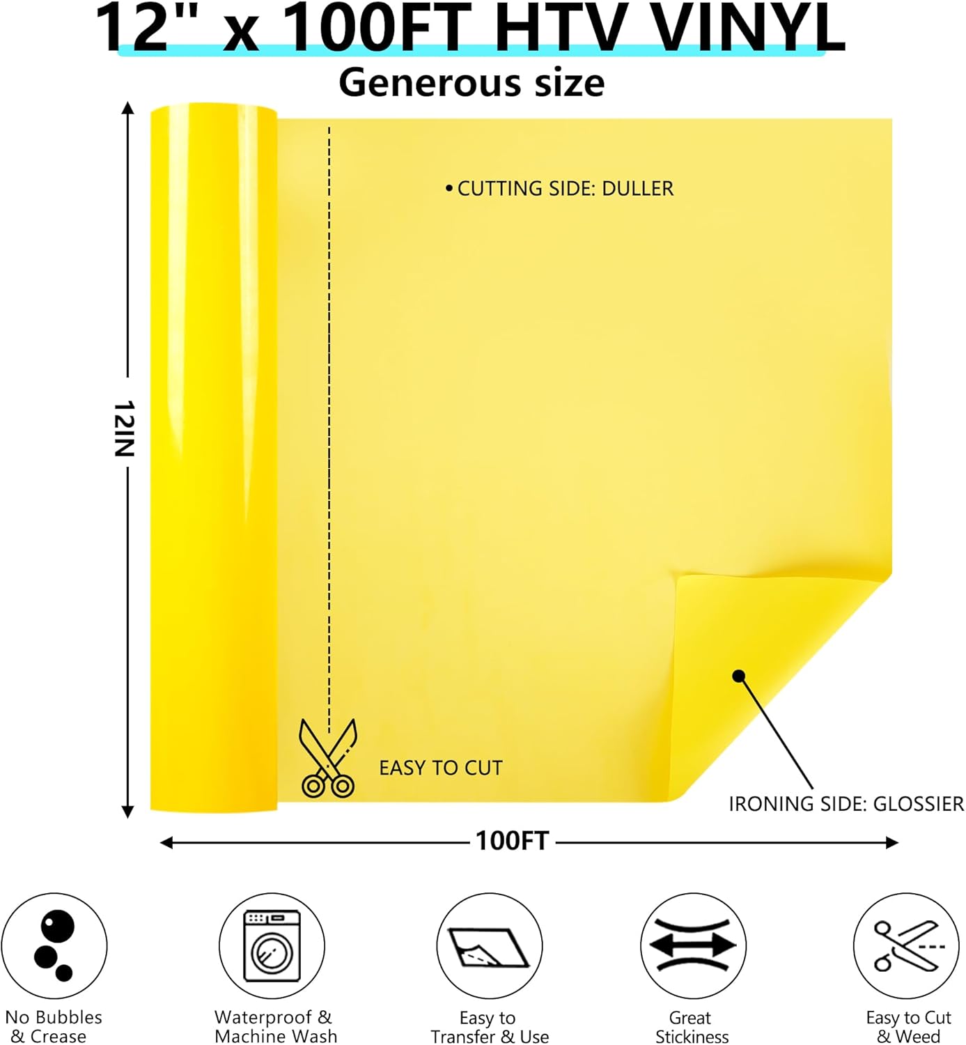 Guangyintong Yellow HTV Heat Transfer Vinyl Rolls, 12" X 100ft Iron on Vinyl PVC Adhesive for T-Shirt, Easy to Cut & Weed for DIY Design