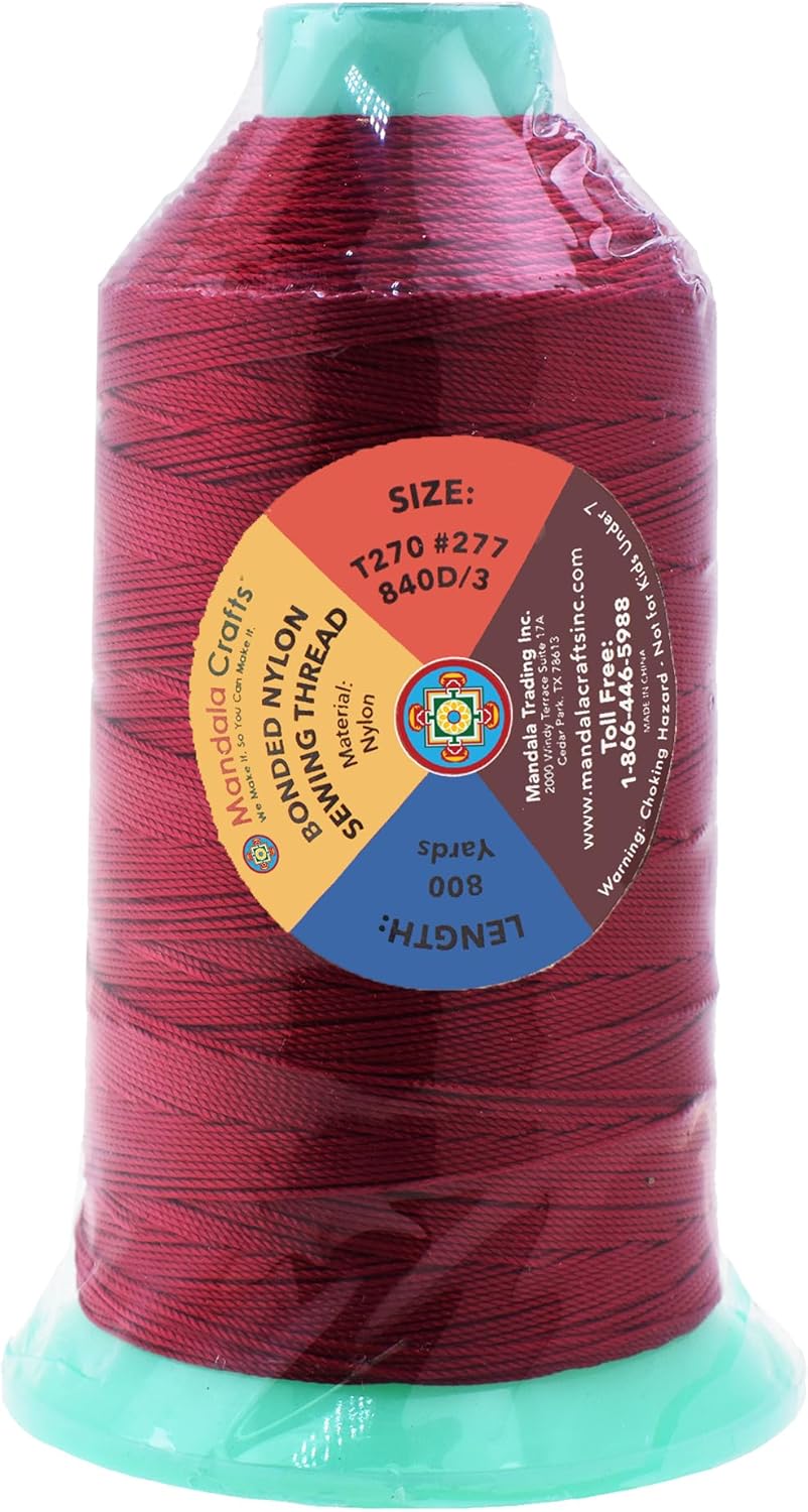 Mandala Crafts Bonded Nylon Thread Wine Heavy Duty Sewing Threads - 800 YDs Size 277 840D T270 Tex 270 Thread for Leather Jeans Weaving Outdoor Marine Upholstery Threads