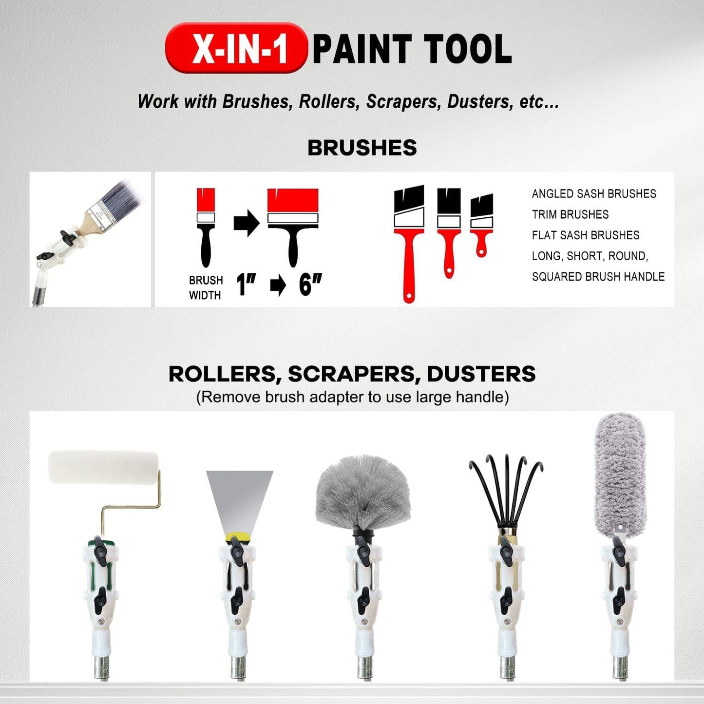 Multi Angle Paint Brush Extender V2, Long Handle Paint Brush, Extension Pole Attachments for Paint Roller, Paint Edger Tool for High Ceilings, Corner Painting Tool for Paint Extension Pole (White)