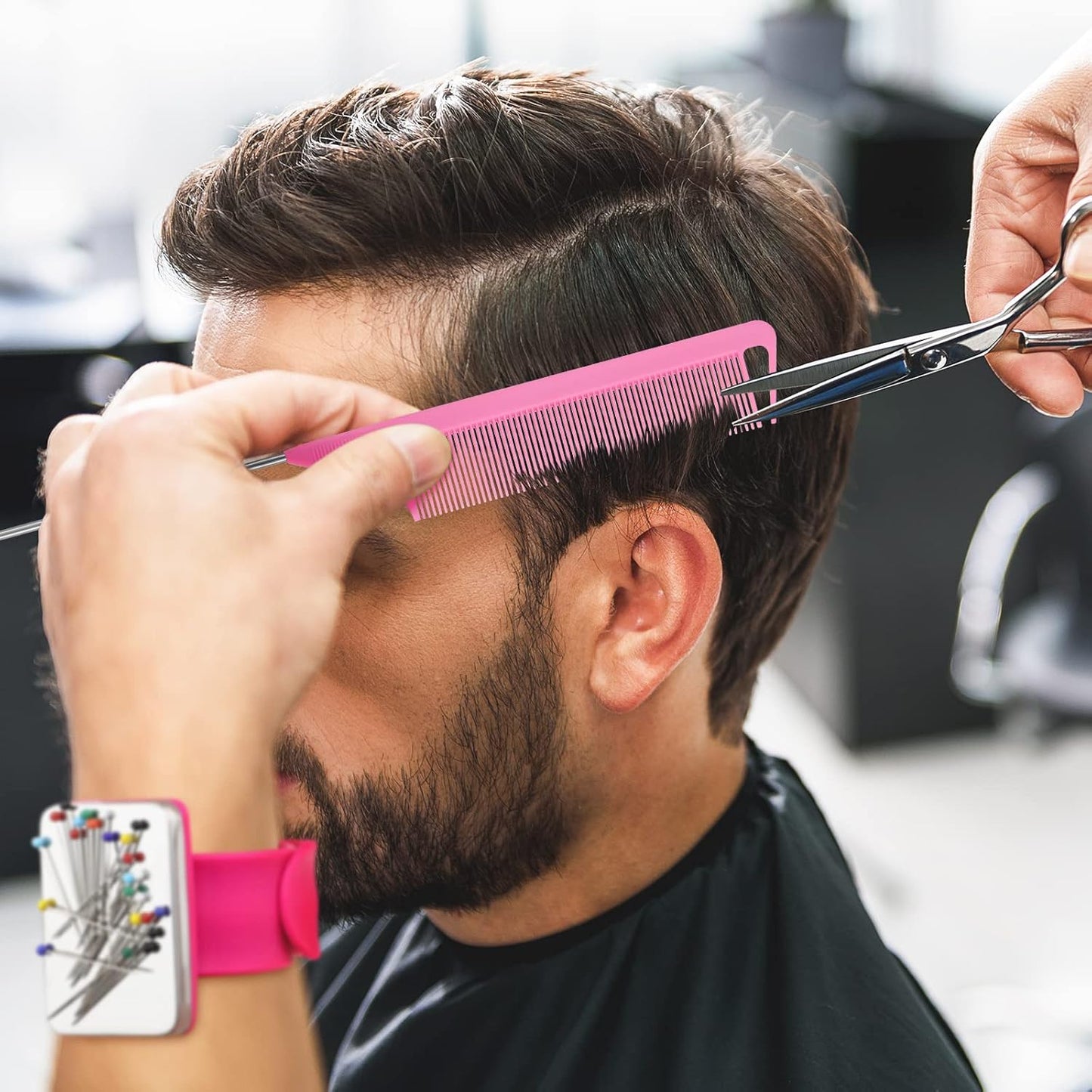 WILLBOND Magnetic Wrist Sewing Pincushion Wrist Magnetic Pin Holder Wristband Pin Cushion Holder with 3 Pcs Stainless Steel Pintail Comb Rat Tail Comb for Hair Clips Hand Sewing(Rose Red)