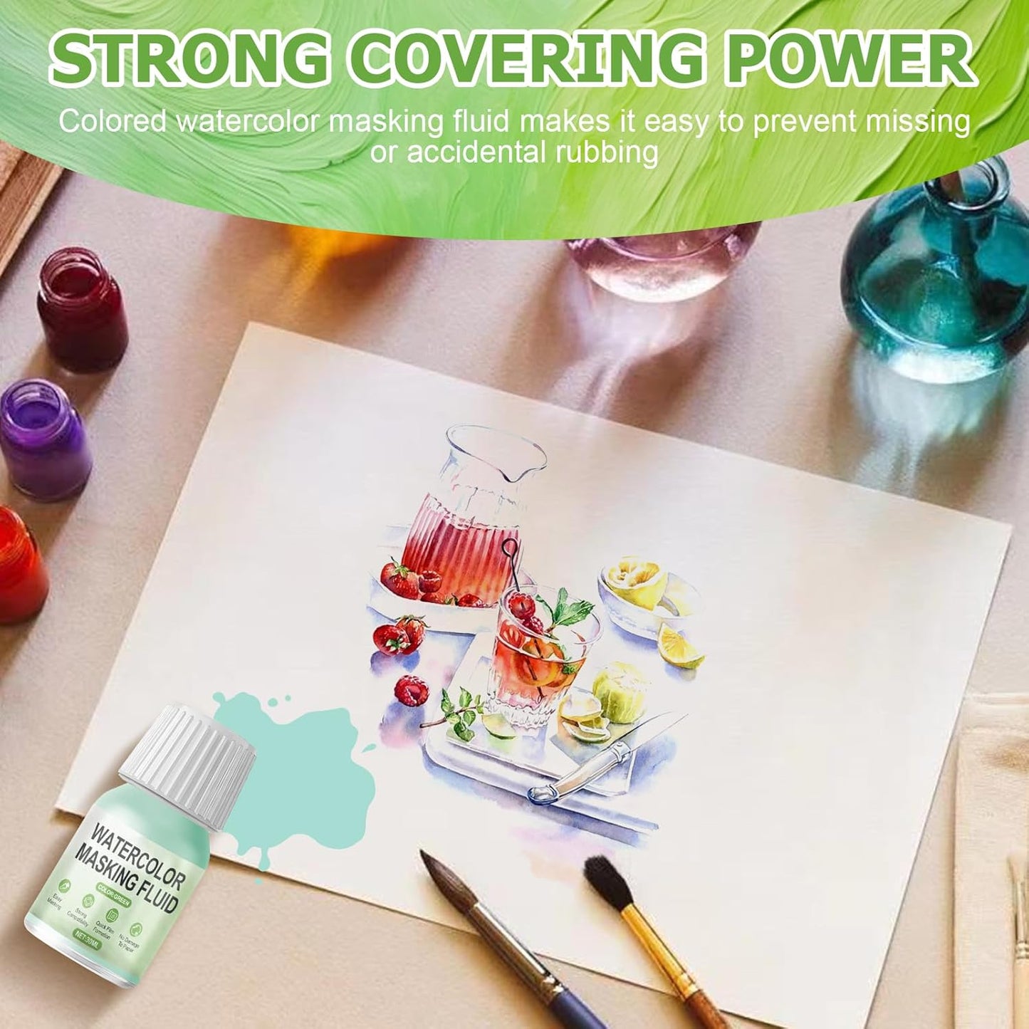 WANJAO Masking Fluid for Watercolor Painting, Liquid Masking Tape with Silicone Pens Cleaning Brush for Painting Fast Drying Easy Peel Use to Art Watercolor Supplies Retouching Covering, 30ml Green