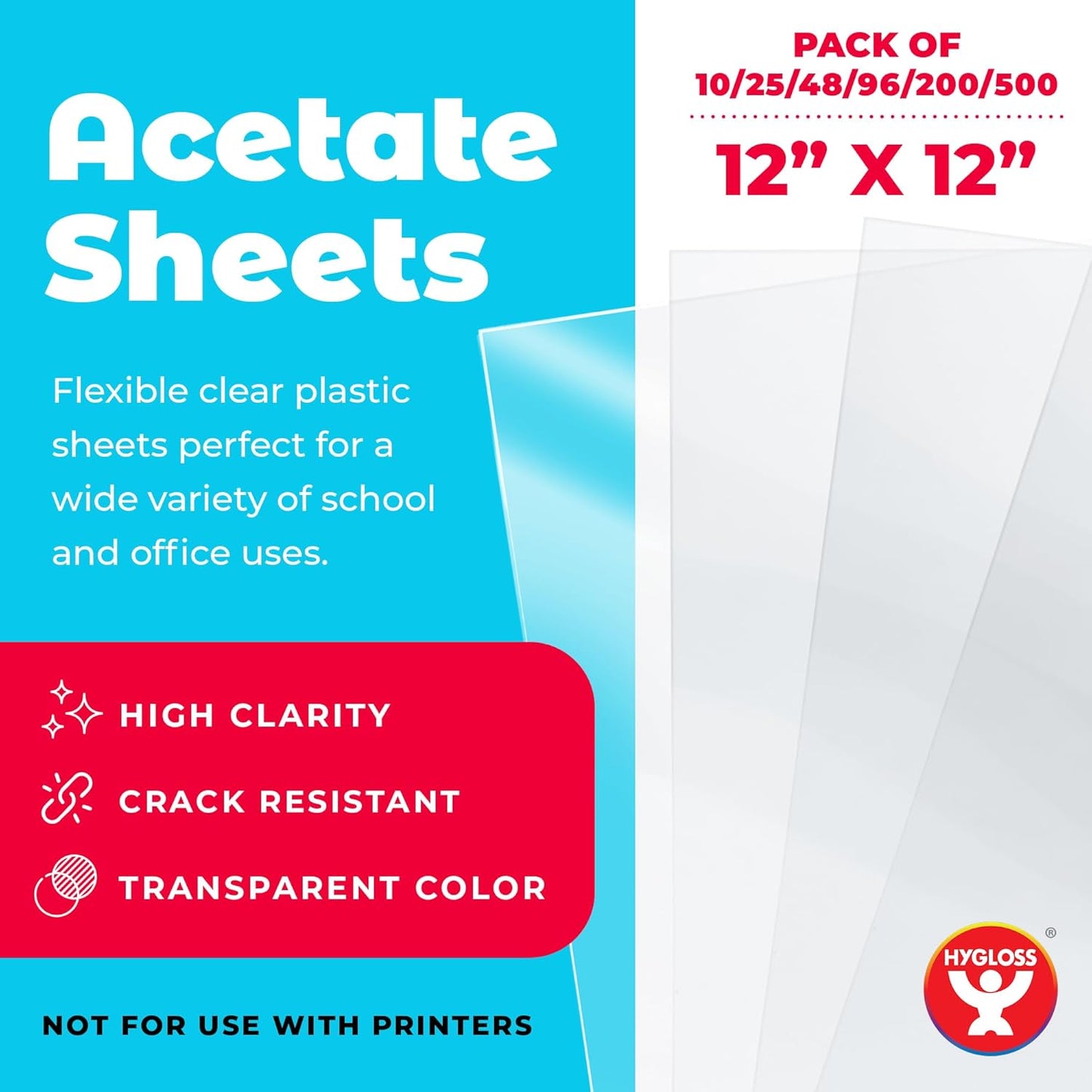 Hygloss 12" x 12" Acetate Paper - 7 Mil Clear Acetate Sheets for Crafts Projects, Cricut Stencil Sheets, Classroom Stencil Sheets, Reusable Transparent Clear Plastic Sheet (Not for Printers) 200 Pack