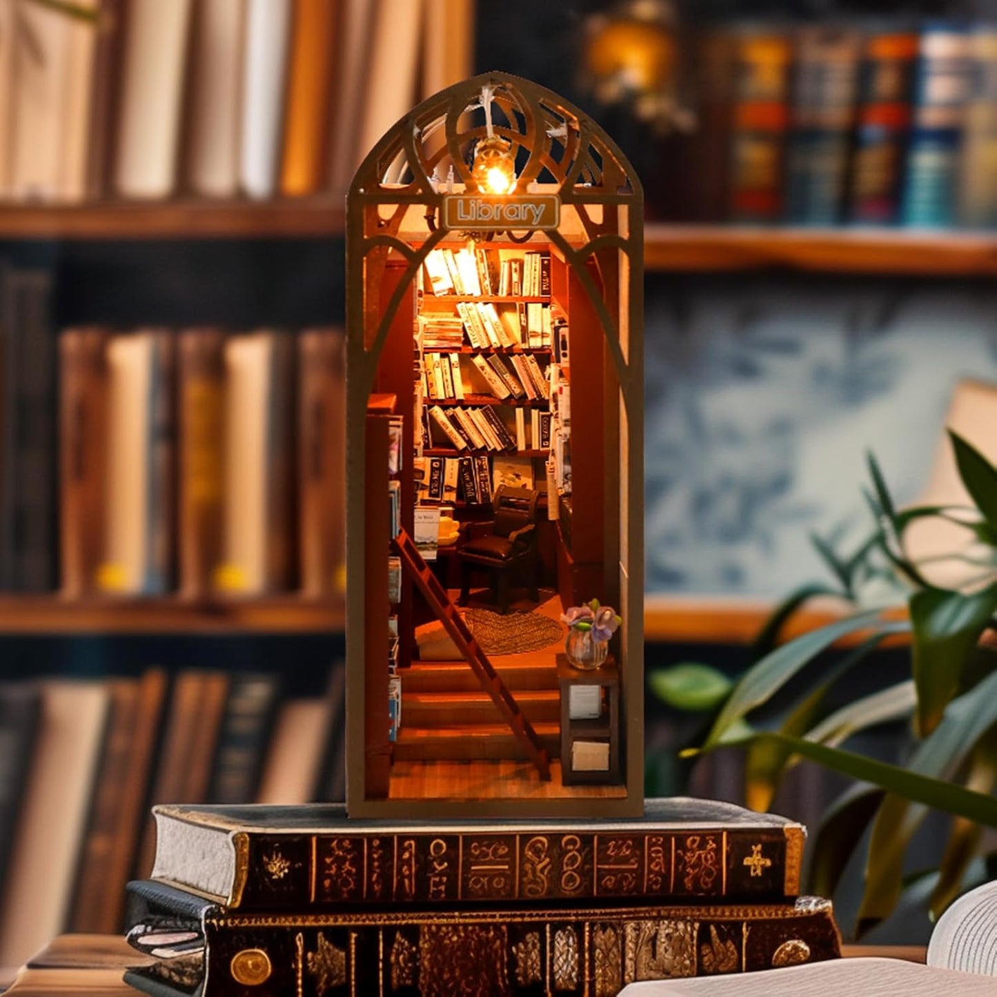 DIY Book Nook Miniature Kit, 3D Wooden Puzzles Bookend, Bookshelf Insert Decor, Assemb Build for Adults, Unique Gift for Birthday Father's Day, Library