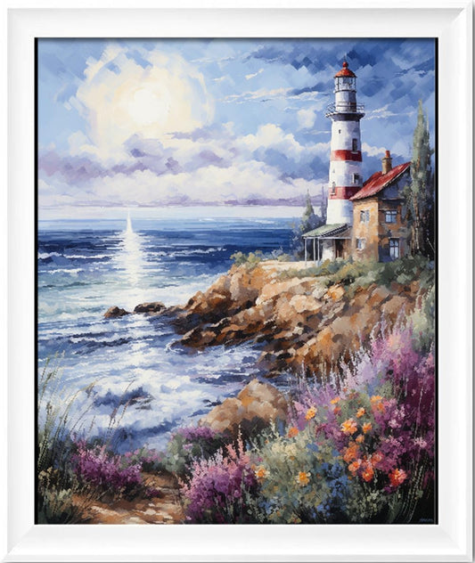 Leczany Cross Stitch Stamped Kit for Adults or Kids - Seaside Lighthouse | DIY Embroidery Starter Patterns Craft Kit Needlepoint for Beginner | 11CT, 3 Strands | 13.8x16.9 inches