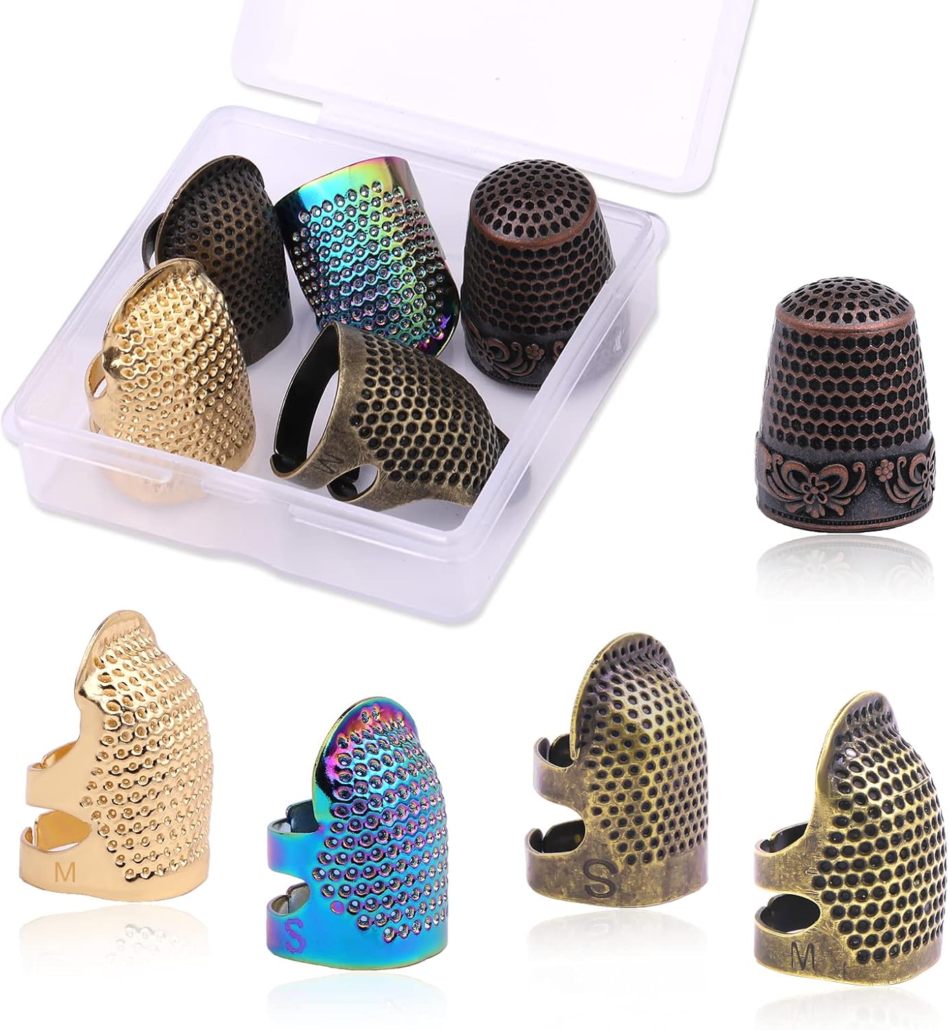 5 Pcs Sewing Thimbles, Adjustable Metal Sewing Thimble Rings, Finger Protector for Hand DIY, Red Bronze Metal Shield, DIY Sewing Tools Accessories, Thimble Ring for Quilting