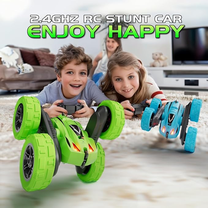 Remote Control Car,Stunt RC Cars Double Sided 360° Rotating RC Crawler,2.4Ghz All Terrain 4WD Off Road Monster Truck Car Toy for Kids Gifts for Boys Girls (F-Blue-Head Light)
